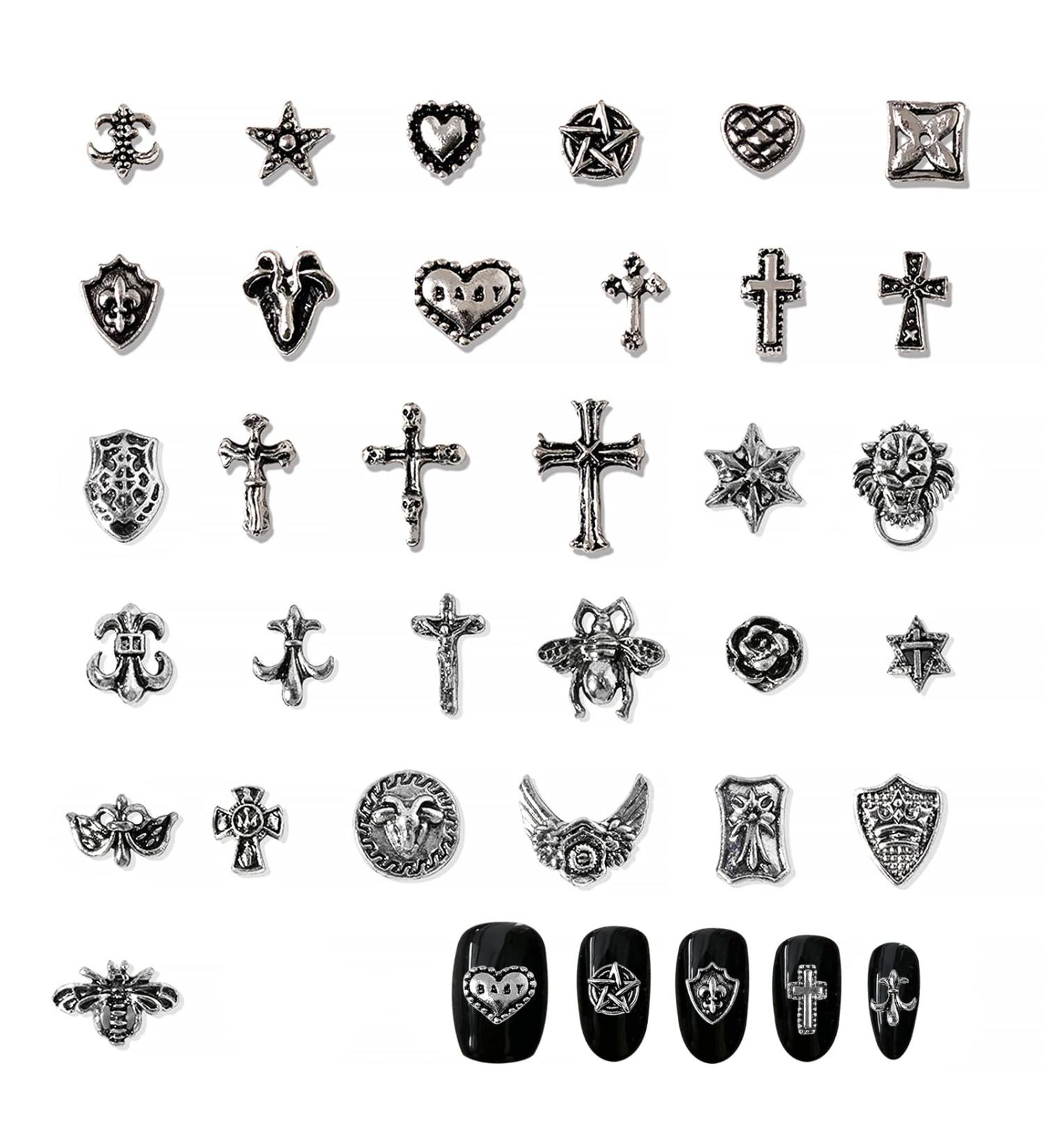 Punk Vintage Nail Charms Set - 72 Pcs 3D Cross, Stars, Hearts - Silver Chrome - DIY Nail Art Accessories for Women - Buy Online on SooperMarket.com