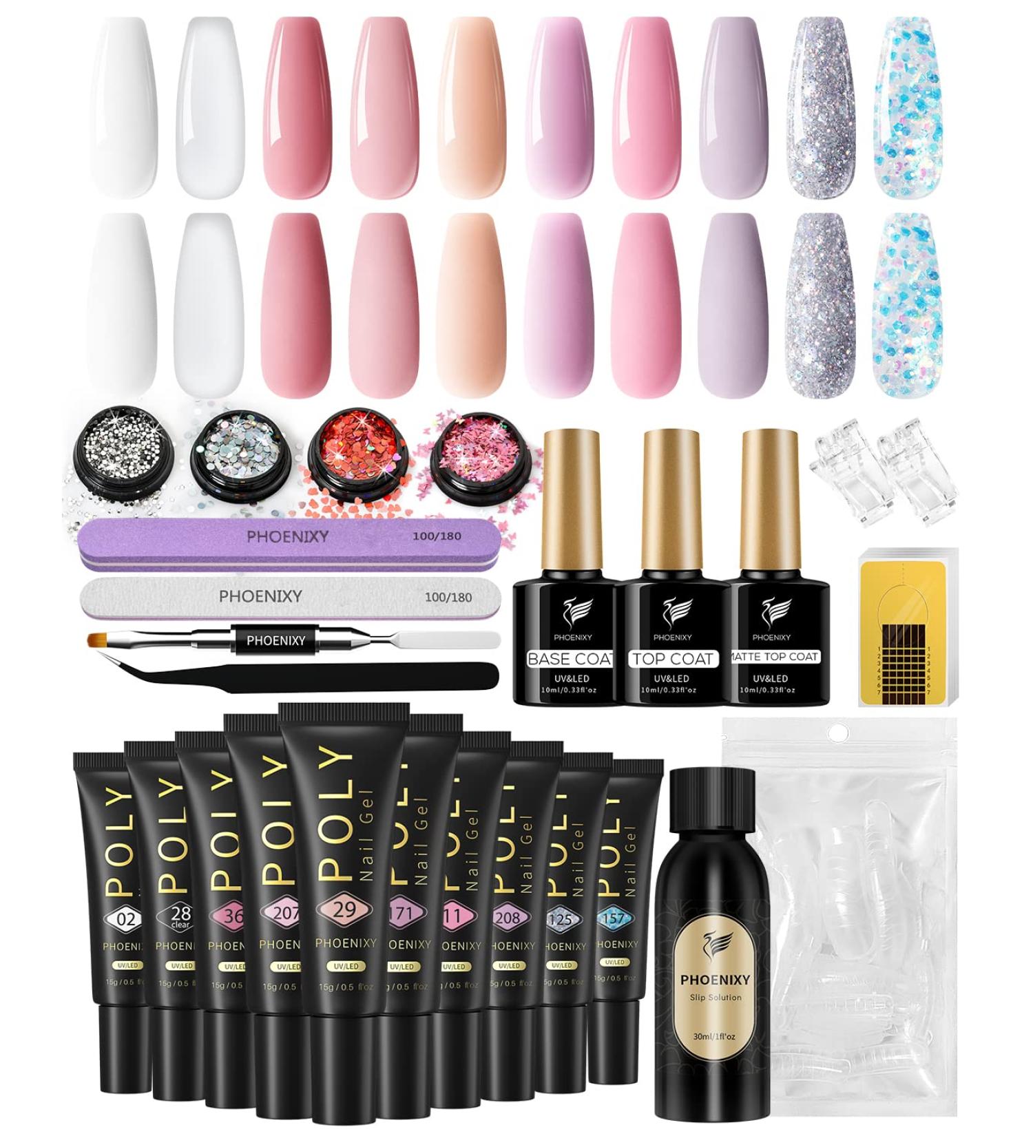 Phoenixy Poly Nail Gel Kit - 10 Colors Poly Extension Starter Set with Top Coats & Manicure Tools - Ideal Gifts for Women - Buy Online on SooperMarket.com