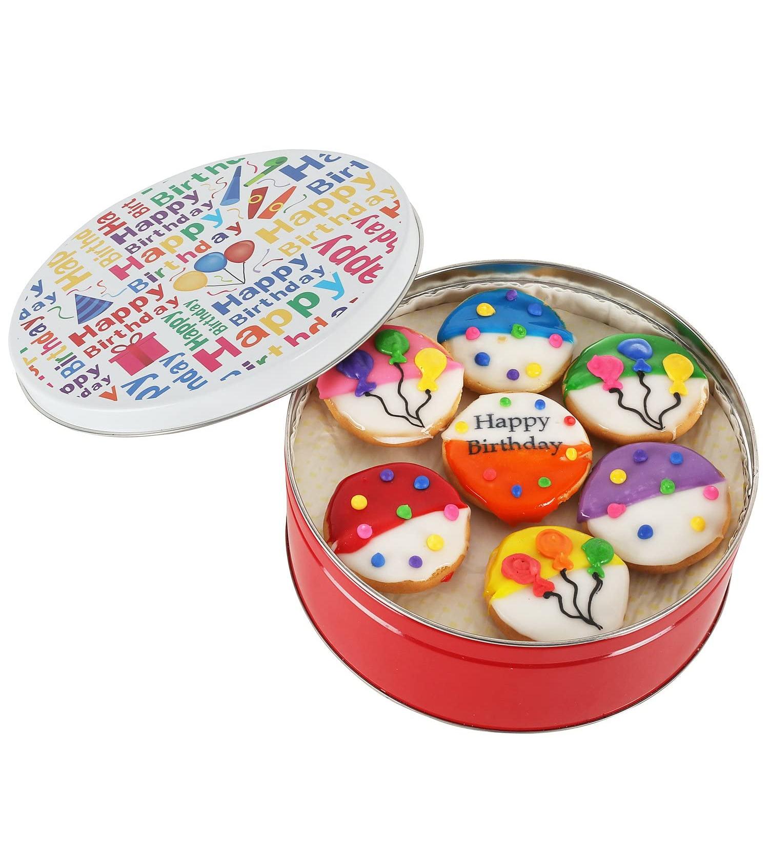Happy Birthday Cookie Gift Basket Tin - 21 Assorted Hand-Decorated Cookies in 7 Bright Colors - Perfect Birthday Gift for Him, Her, Boys, Girls, Men, Women - Prime Delivery - Buy Online on SooperMarket.com