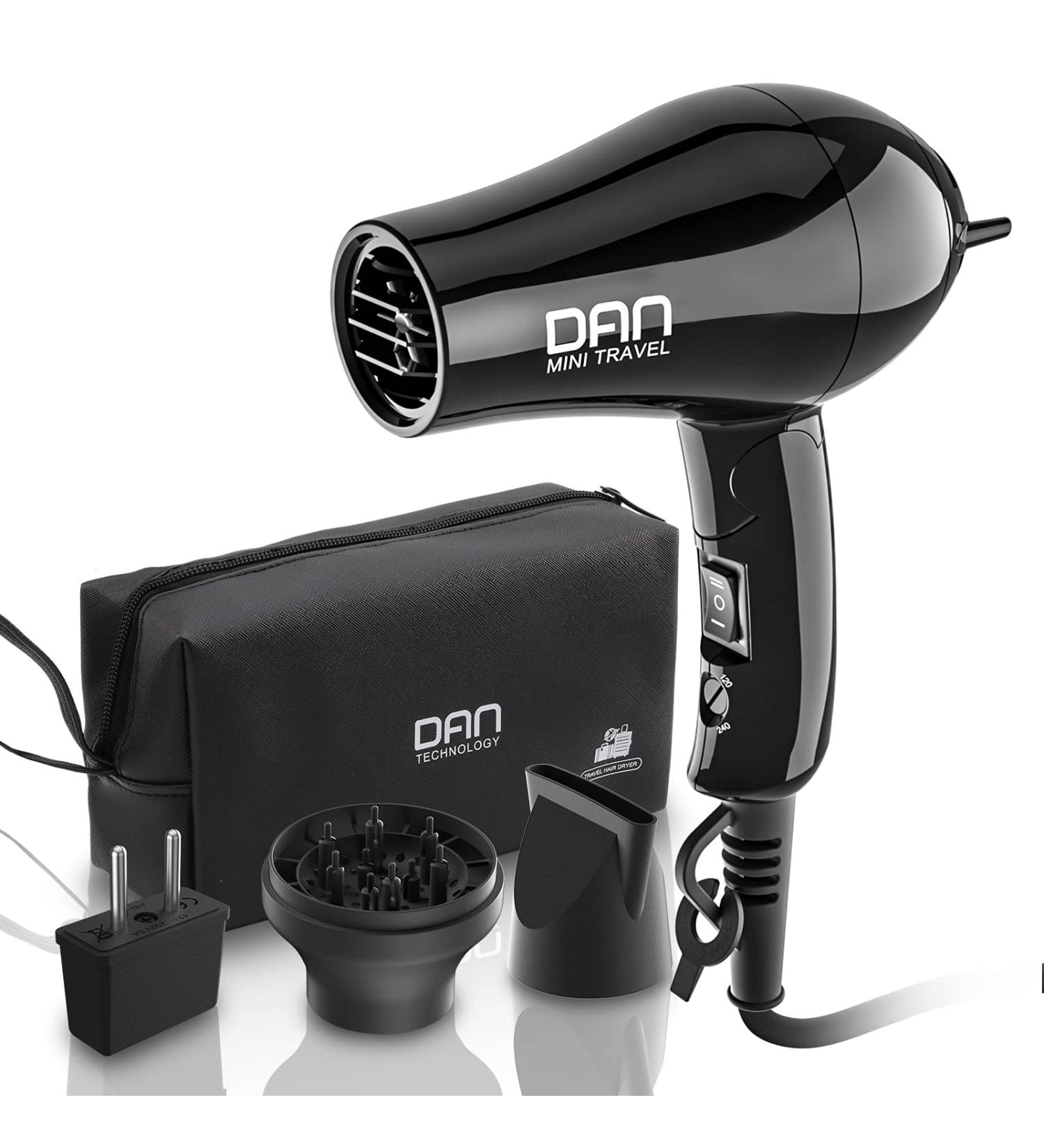 Dan Technology Travel Hair Dryer | Portable Mini Blow Dryer with Concentrator & Diffuser | European Plug, Folding Handle | Lightweight & Fast Drying | for Women and Men | Travel-Friendly - Buy Online on SooperMarket.com