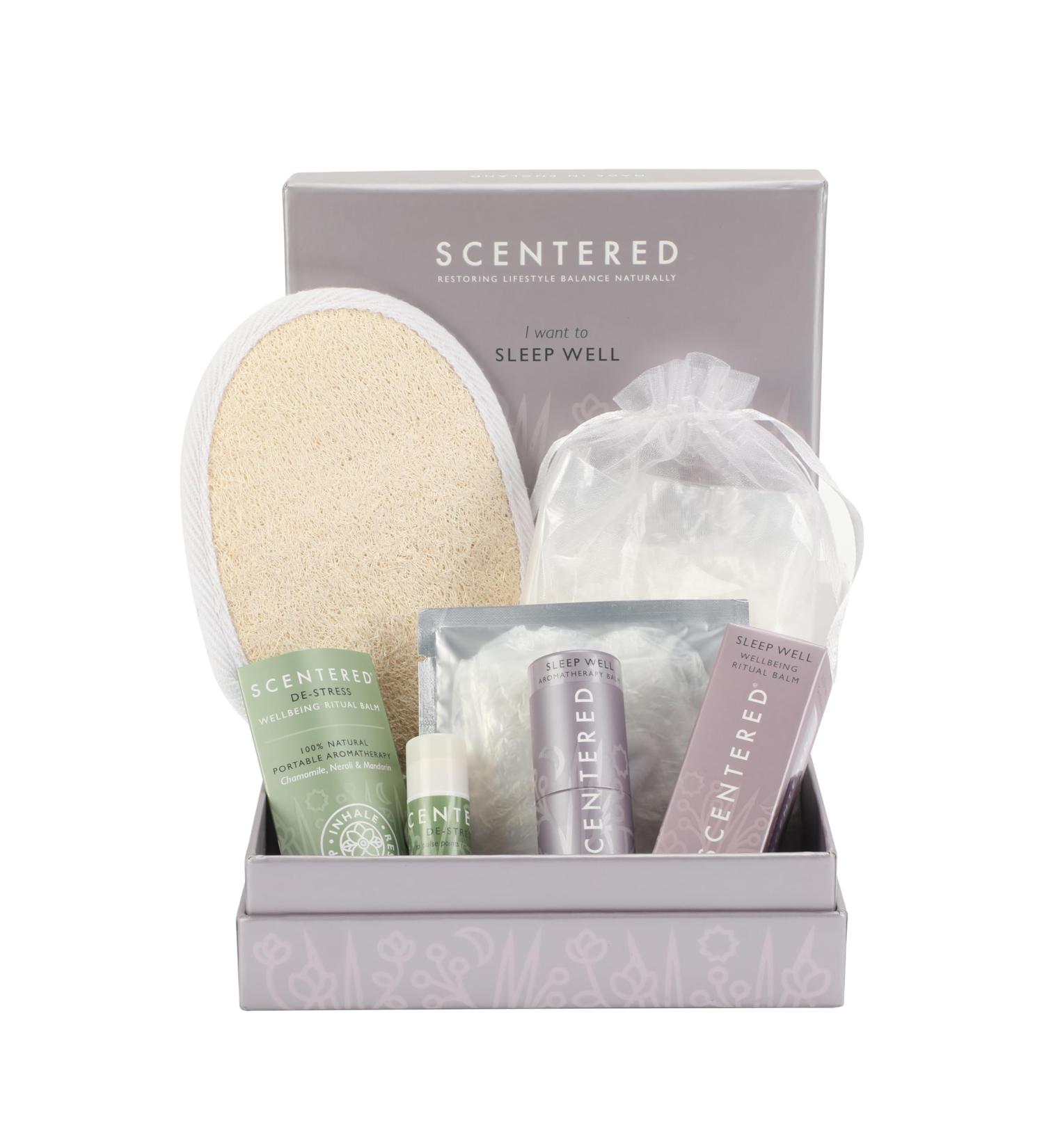 Scentered Prepare for a Great Night's Sleep Bath Set - Relaxing Bath Salts Aromatherapy Balms Body Loofah & Shower Cap - Perfect Bath Gift Set for Women - International Shipping Available - Buy Online on SooperMarket.com