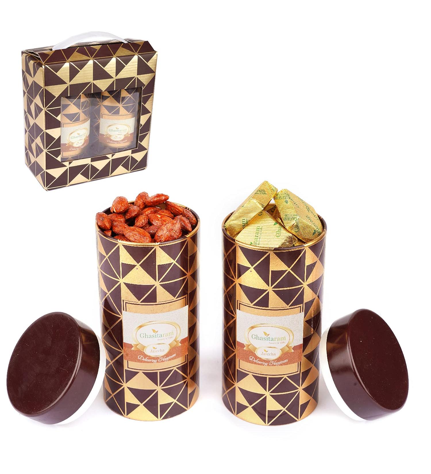 Jaiccha Ghasitaram Dryfruits Hamper-Box 2 Tin Jars of Flavoured Almonds and MEWA Bites |Gift for Diwali Holi Rakhi Valentine Christmas Birthday Anniversary Her Him| - Buy Online on SooperMarket.com