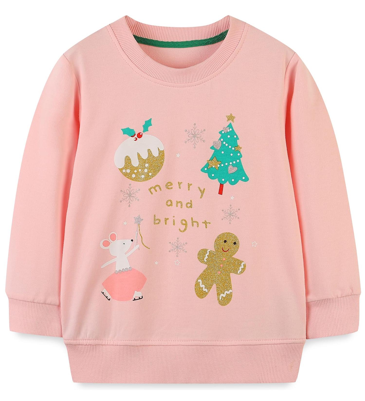 Girls Christmas Pink Sweatshirt | Cotton Top for Kids | Long Sleeve Pullover | Toddler Clothes Ages 1-12 - Buy Online on SooperMarket.com