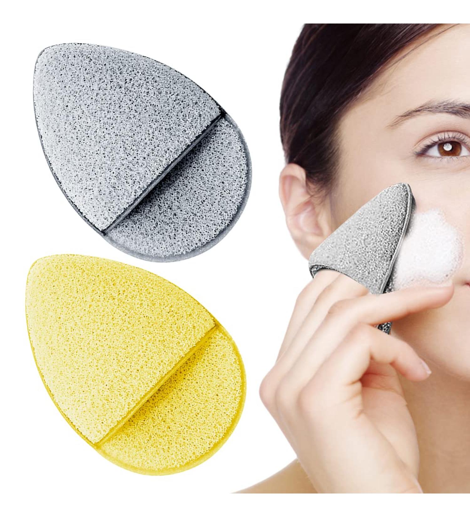 LYFONDYI Facial Cleaning Sponge Set - 2 Reusable Bath Sponges for Daily Exfoliating & Makeup Removal | Grey & Yellow | Finger Glove Included - Buy Online on SooperMarket.com