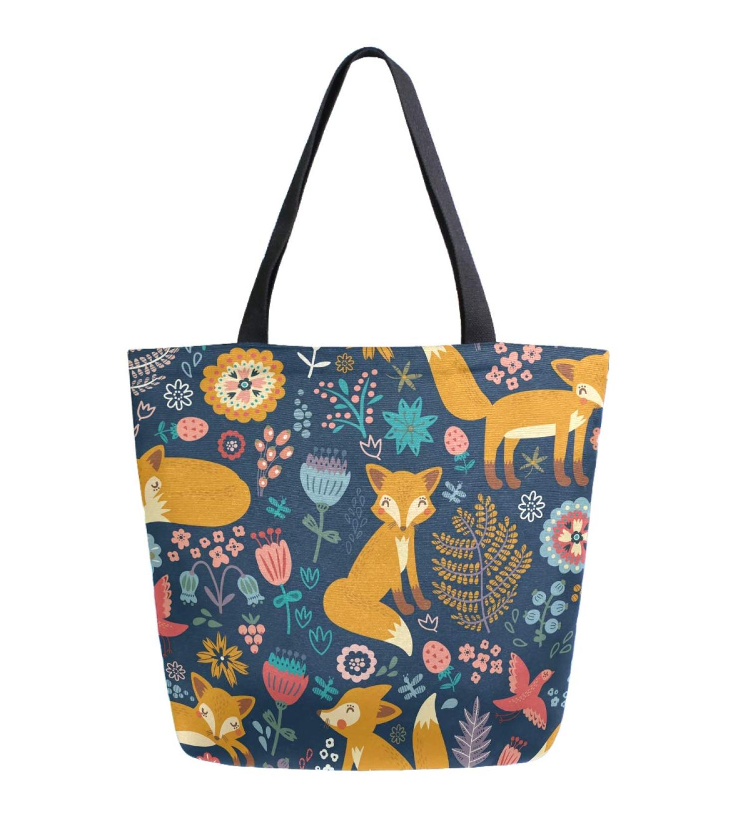 Cute Forest Fox Floral XL Canvas Tote Bag for Gym, Beach & Travel - Buy Online on SooperMarket.com