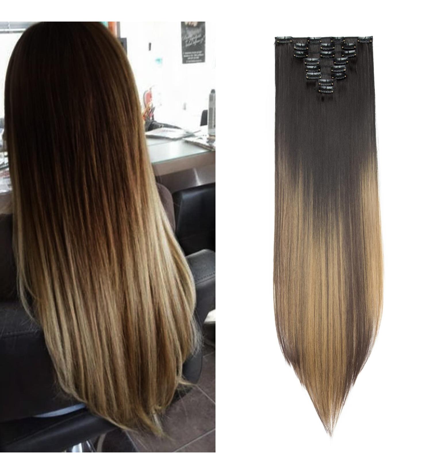 Silk-co 26 Clip in Hair Extensions 8Pcs - Natural Black to Blonde Ombre Synthetic Heat Resistant Hairpiece Extension - Buy Online on SooperMarket.com