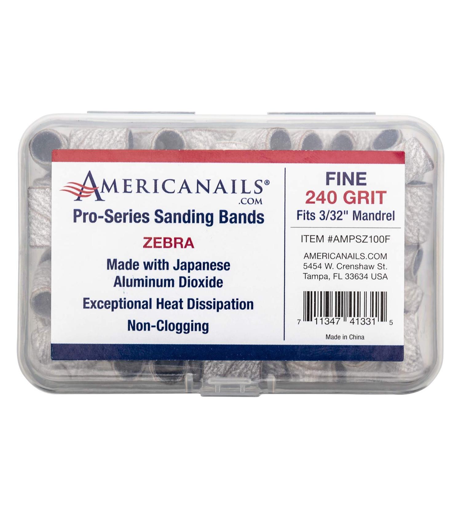 Americanails Pro-Series Zebra Fine 240 Grit Professional Sanding Bands for Acrylic Nail File Drill E-File Sanding Drill Bit Piece Set Nail Polishing and Filing Tools - 100 Count Fine 240 Grit Zebra