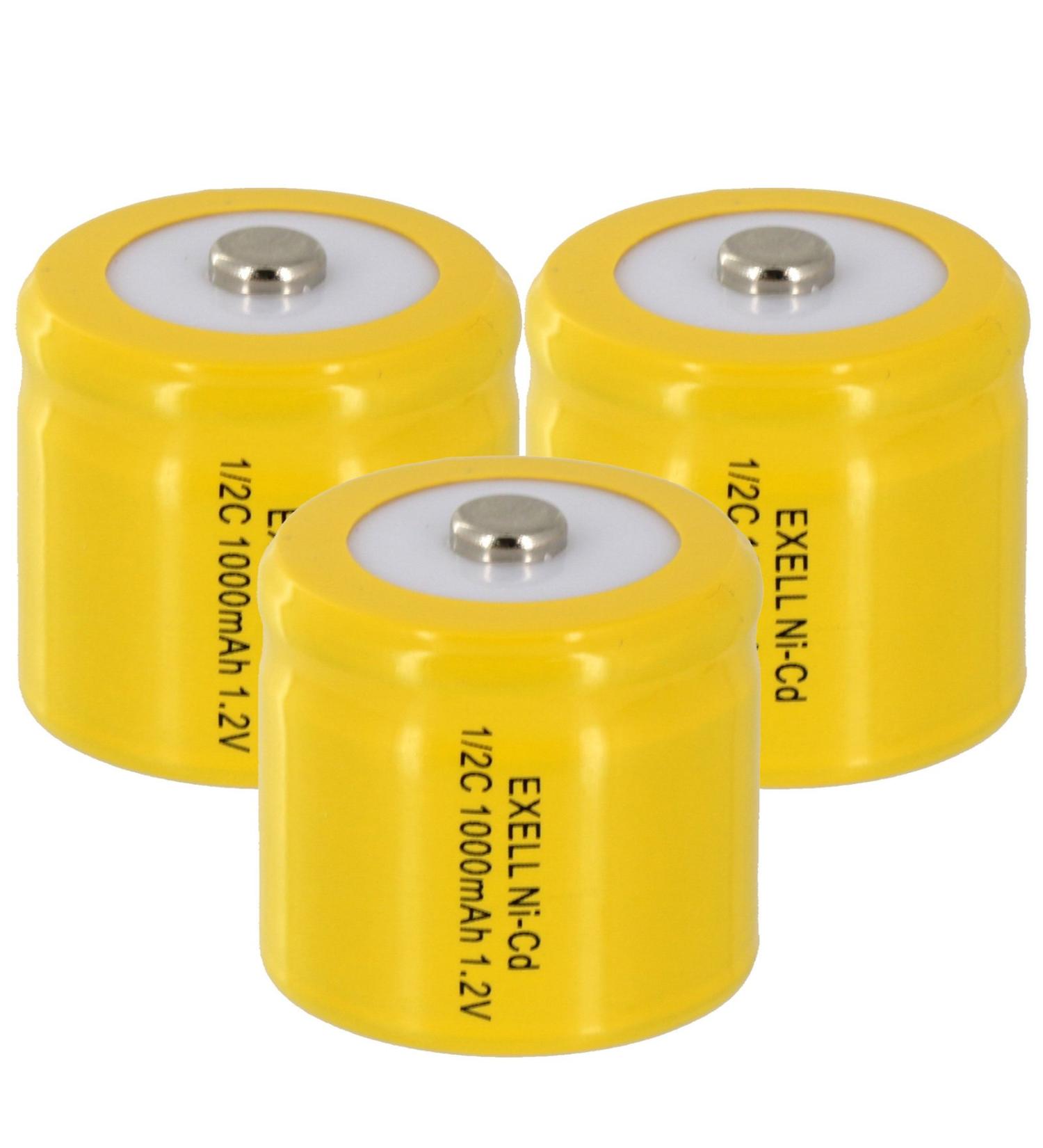 3x Exell 1/2C NiCD 1000mAh 1.2V Button top Rechargeable Battery