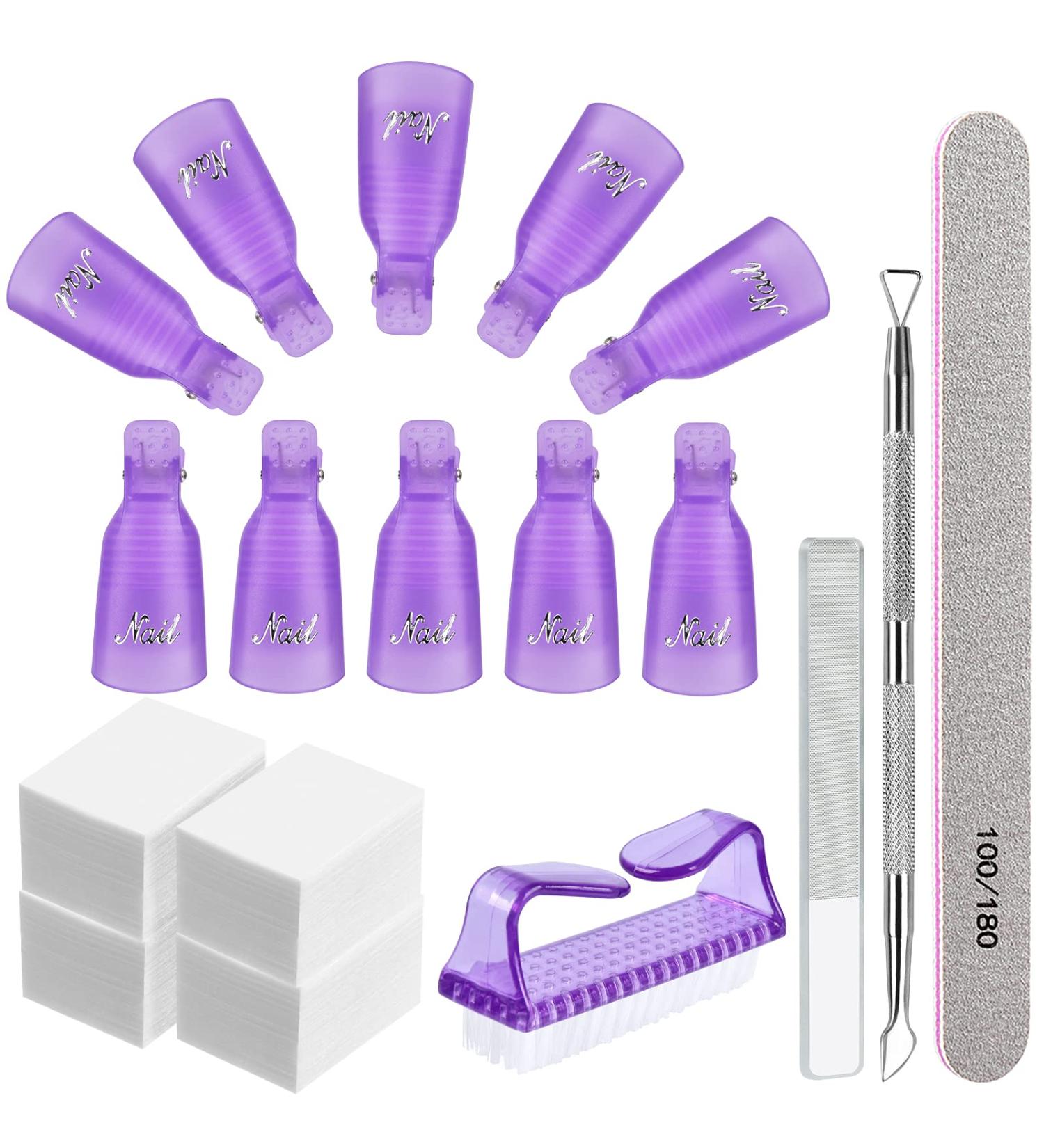MORGLES Gel Nail Remover Kit - 10 Nail Clips, 300 Cotton Pads, Files, Shiner, Cuticle Pusher, Brush - Purple - Buy Online on SooperMarket.com