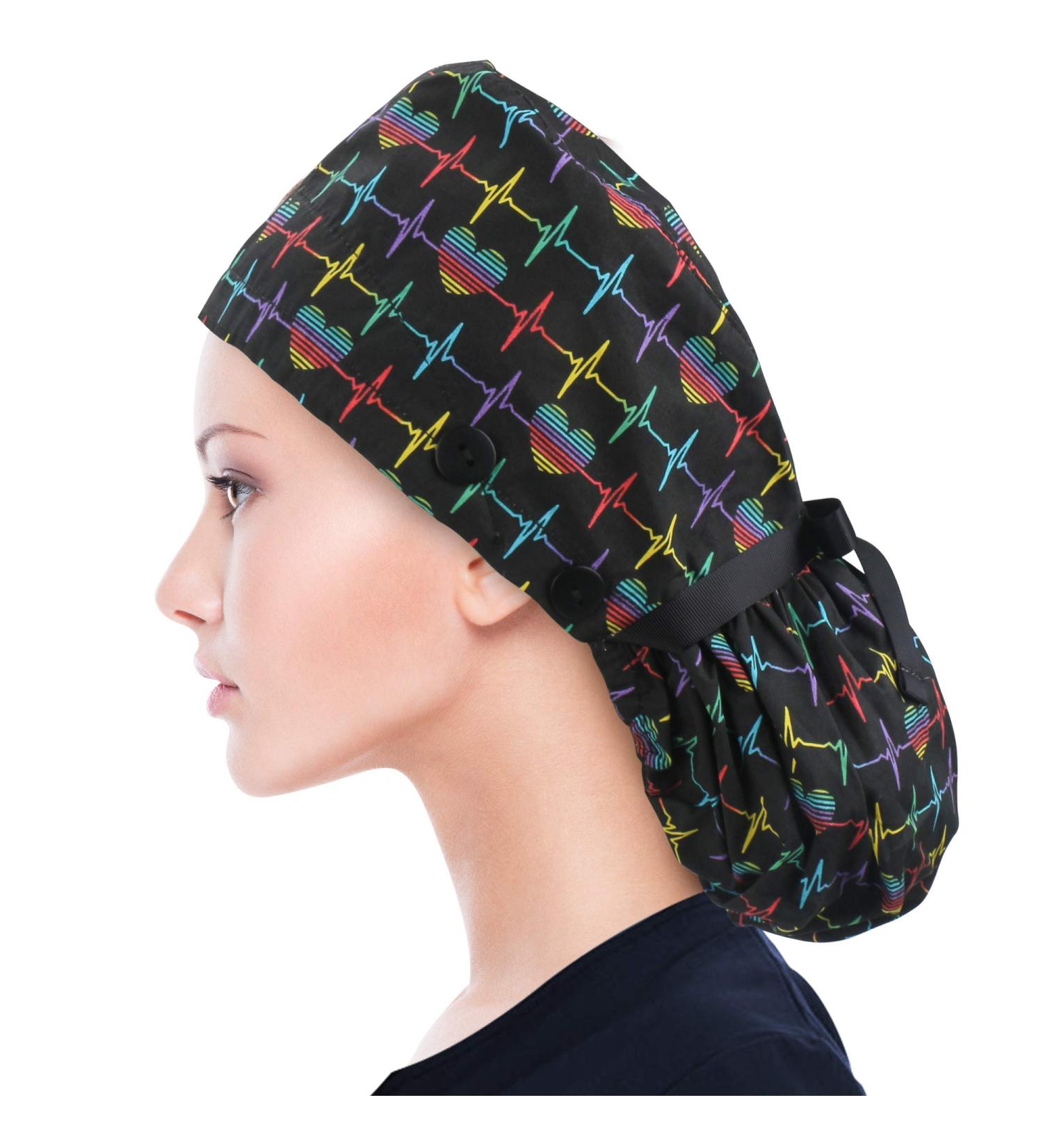 ABAMERICA Women's Surgical Scrub Cap with Ponytail Holder Personalized Nurse Hat for Long Hair | D02 Heart Beating Design - Buy Online on SooperMarket.com