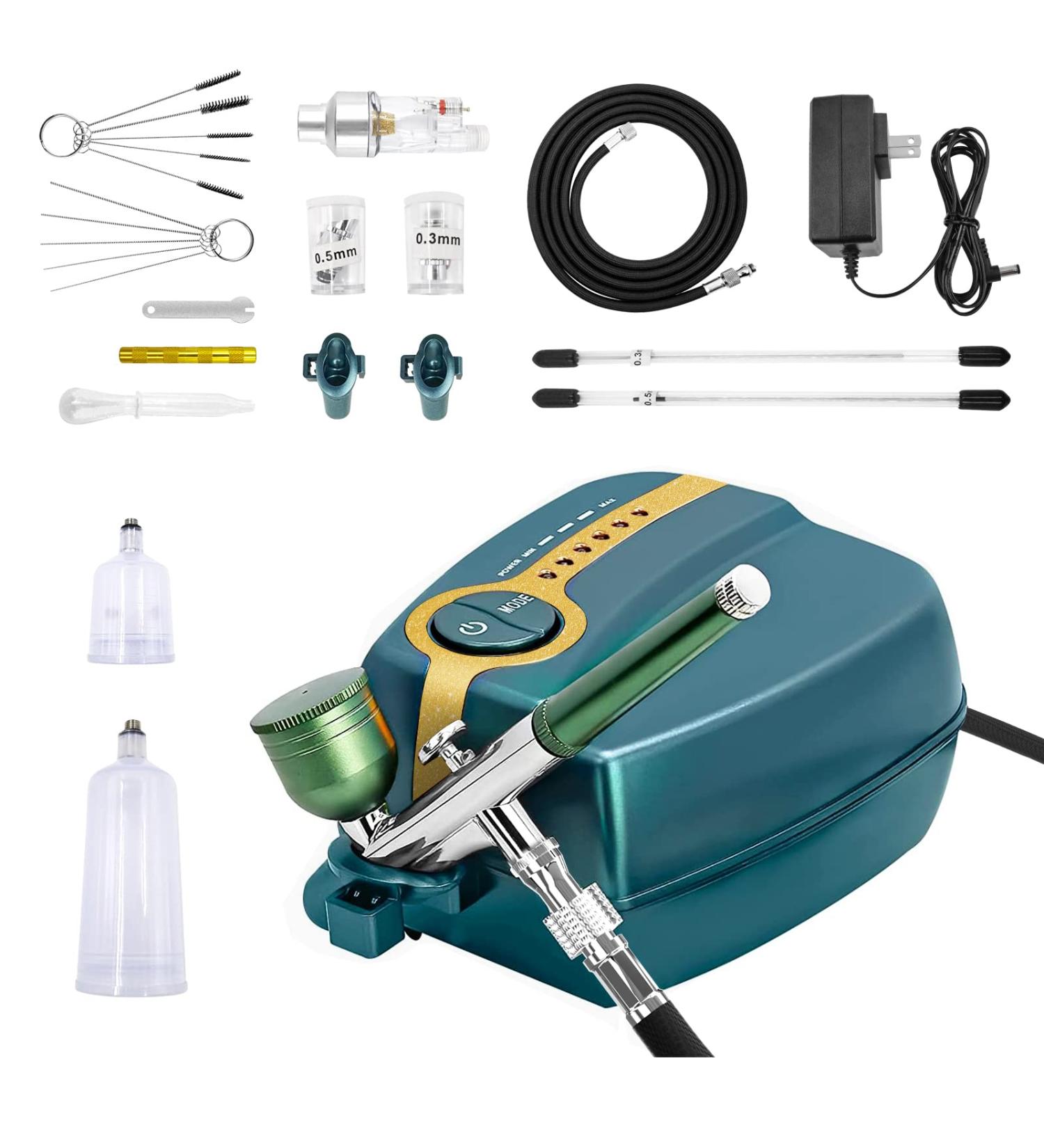 Tplook Upgraded 37PSI Airbrush Kit - Dual-Action Multi-Function 5-Stage Pressure Adjustment - Automatic Stop Compressor for Makeup, Painting, Tattoo, Cake Decorating - Green - Buy Online on SooperMarket.com