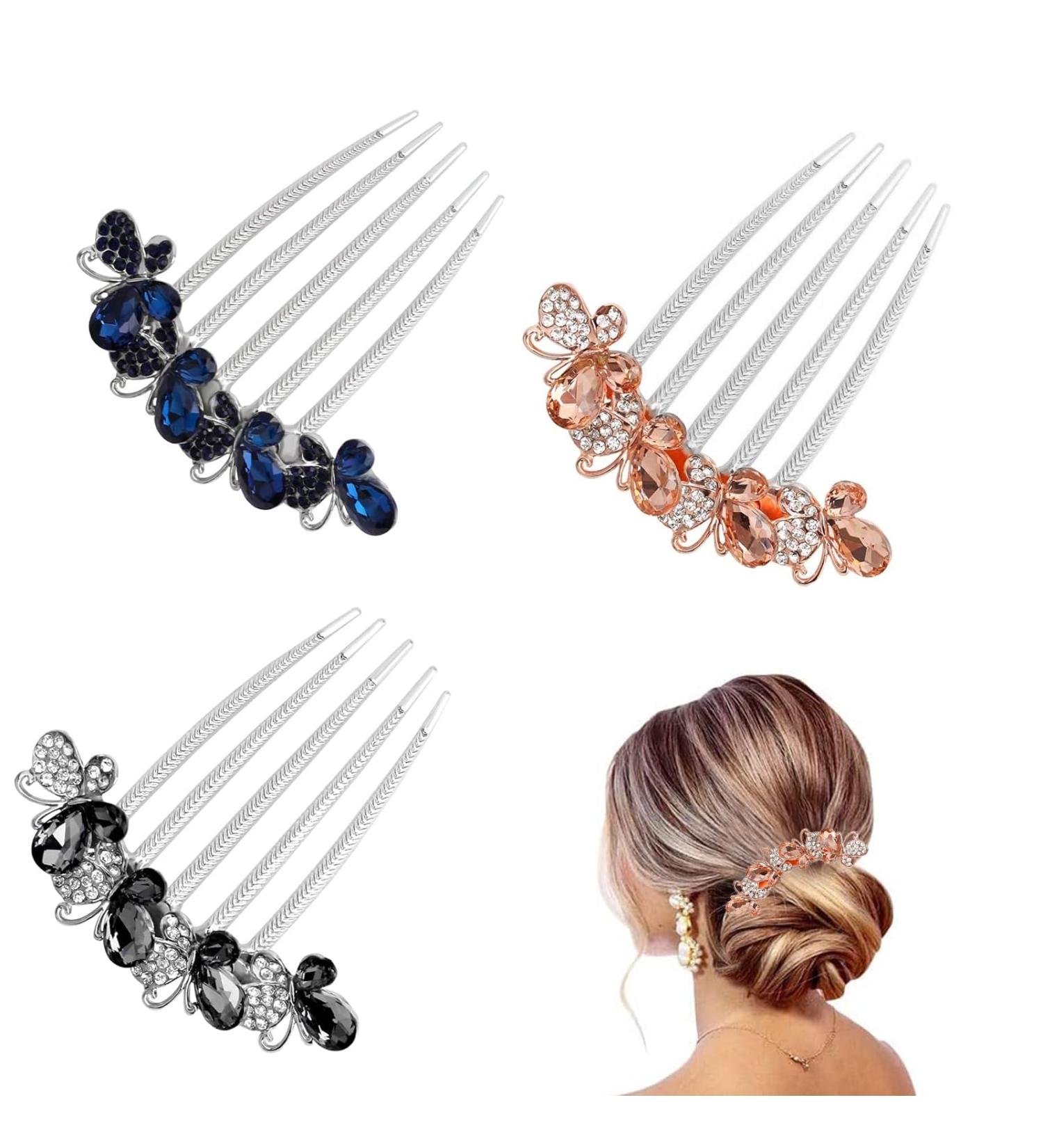 DHWEKU Rhinestone Hair Comb Hair Accessories Comb 3 Pieces Butterflies and Flowers Hair Comb with Rhinestones 3 Colours Bridal Hair Accessories Hair Side Comb for Women and Girls - Buy Online on SooperMarket.com