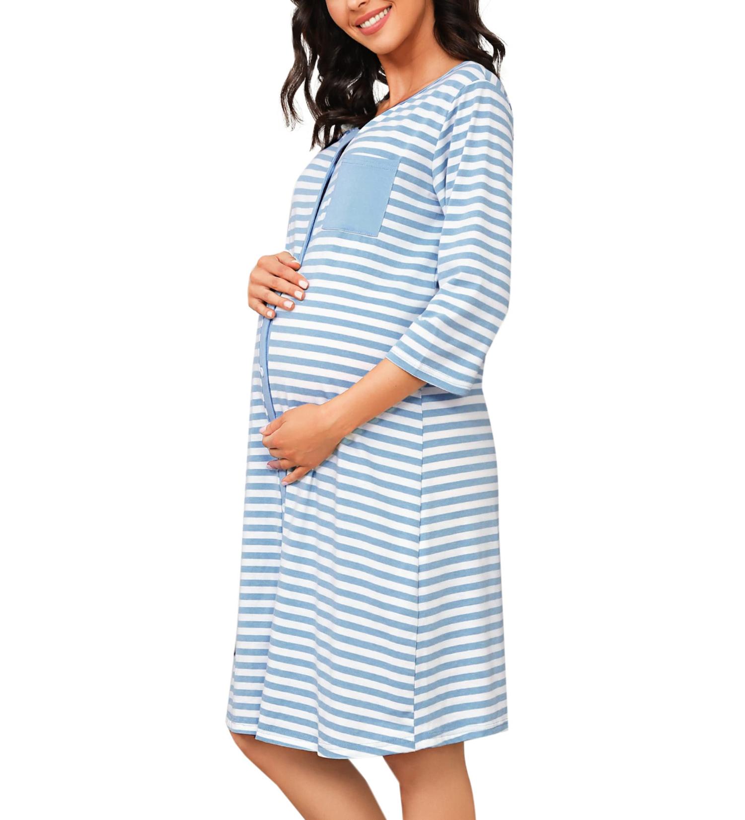 Marvmys Maternity Nightdress for Breastfeeding & Hospital - XL, Blue - Nursing Nightgown with 3/4 Sleeves, V Neck, Button Down - Soft Sleepwear for Pregnant Women - Buy Online on SooperMarket.com