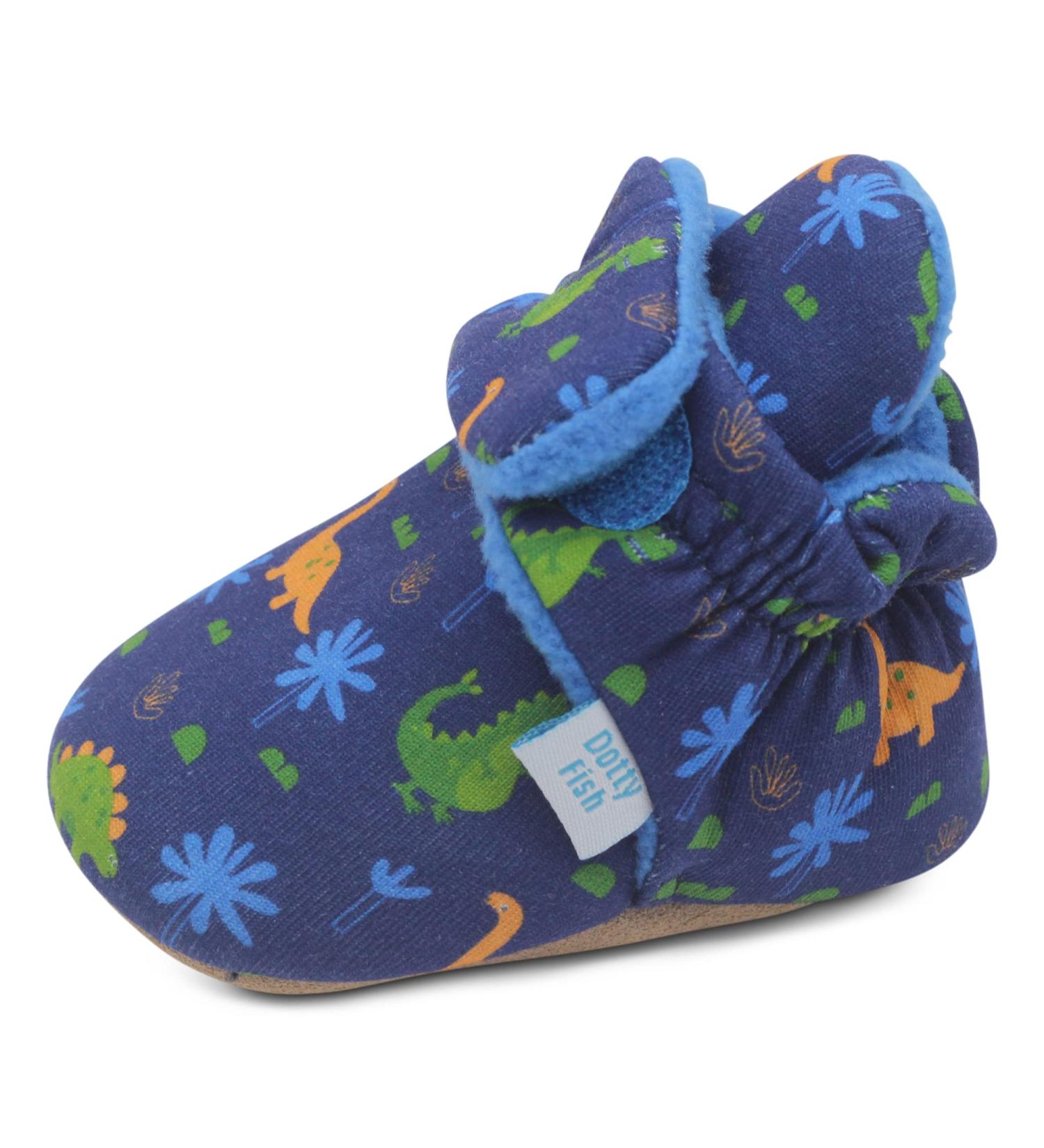 Dotty Fish Cotton Baby Booties | Suede Sole, Fleece Lining | Non-Slip Pram Shoes for Boys, Girls, Unisex | 12-18 Months Navy Blue Dinosaurs - Buy Online on SooperMarket.com