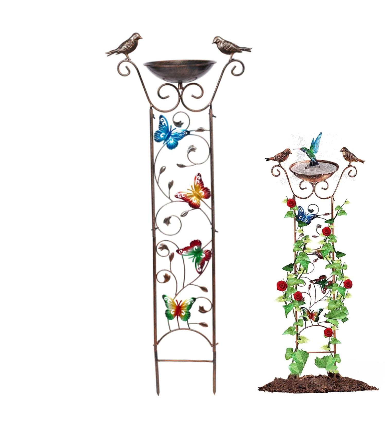 2-in-1 Bird Water Dispenser & Feeder with Garden Grilles - Metal Butterfly Design | Removable Retro Stand for Garden Decoration - Buy Online on SooperMarket.com