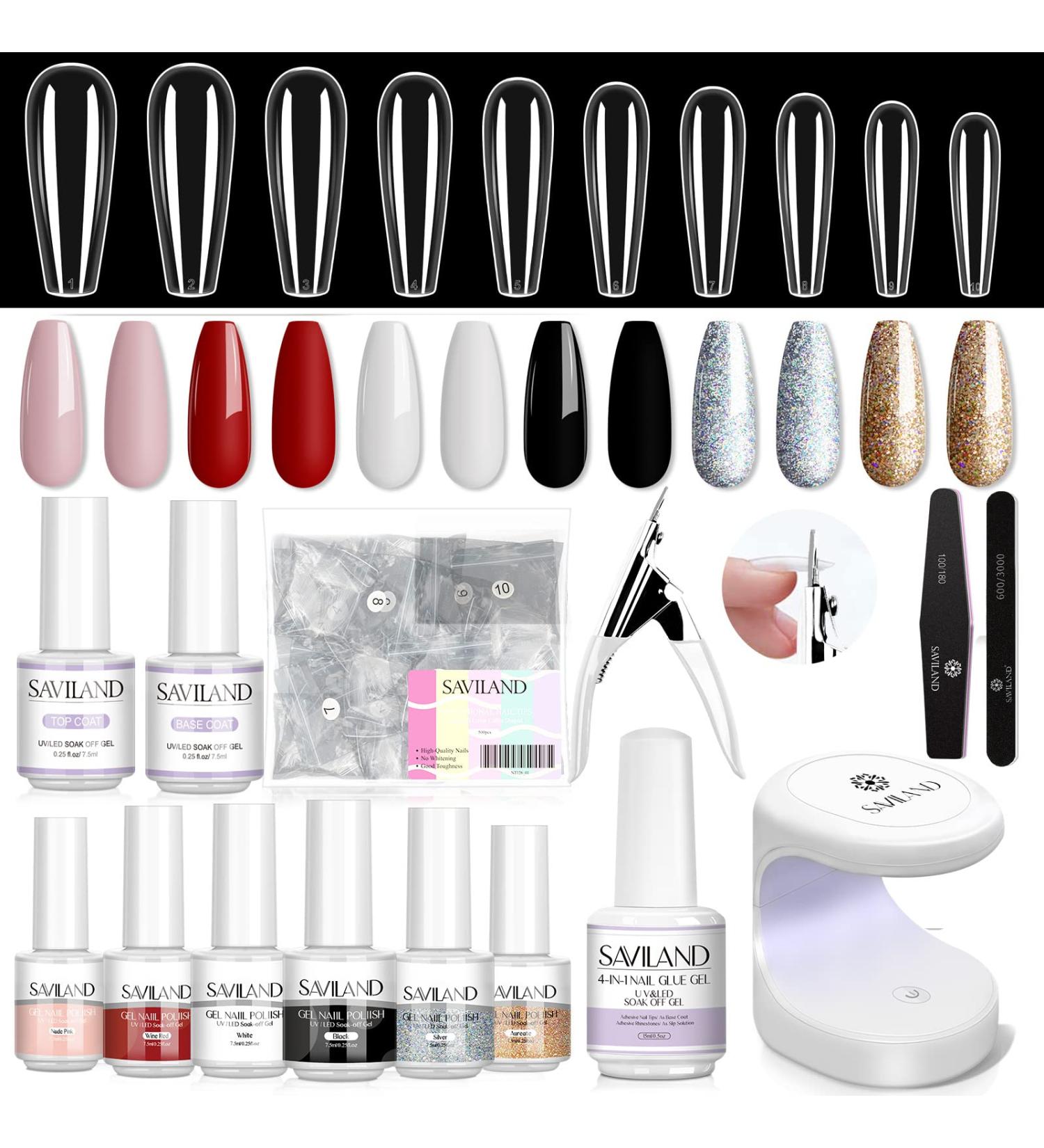 SAVILAND Gel X Nail Polish Kit - White Black Glitter Set with Coffin Tips | Base & Top Coat, Nail Glue, Lamp | DIY Nail Art Extension Tool Kit - Buy Online on SooperMarket.com