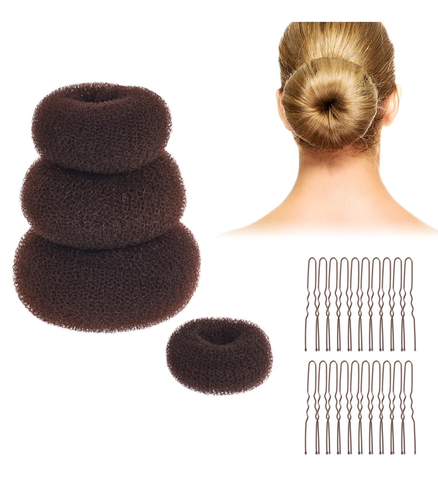 Brown Hair Bun Maker Bun Donut Set DBOO 4Pcs Hair Doughnut Bun Maker Buns Shaper Doughnut Brown Rings with 20pcs Brown Hair Pins Ballet Bun Kit Hair Accessories
