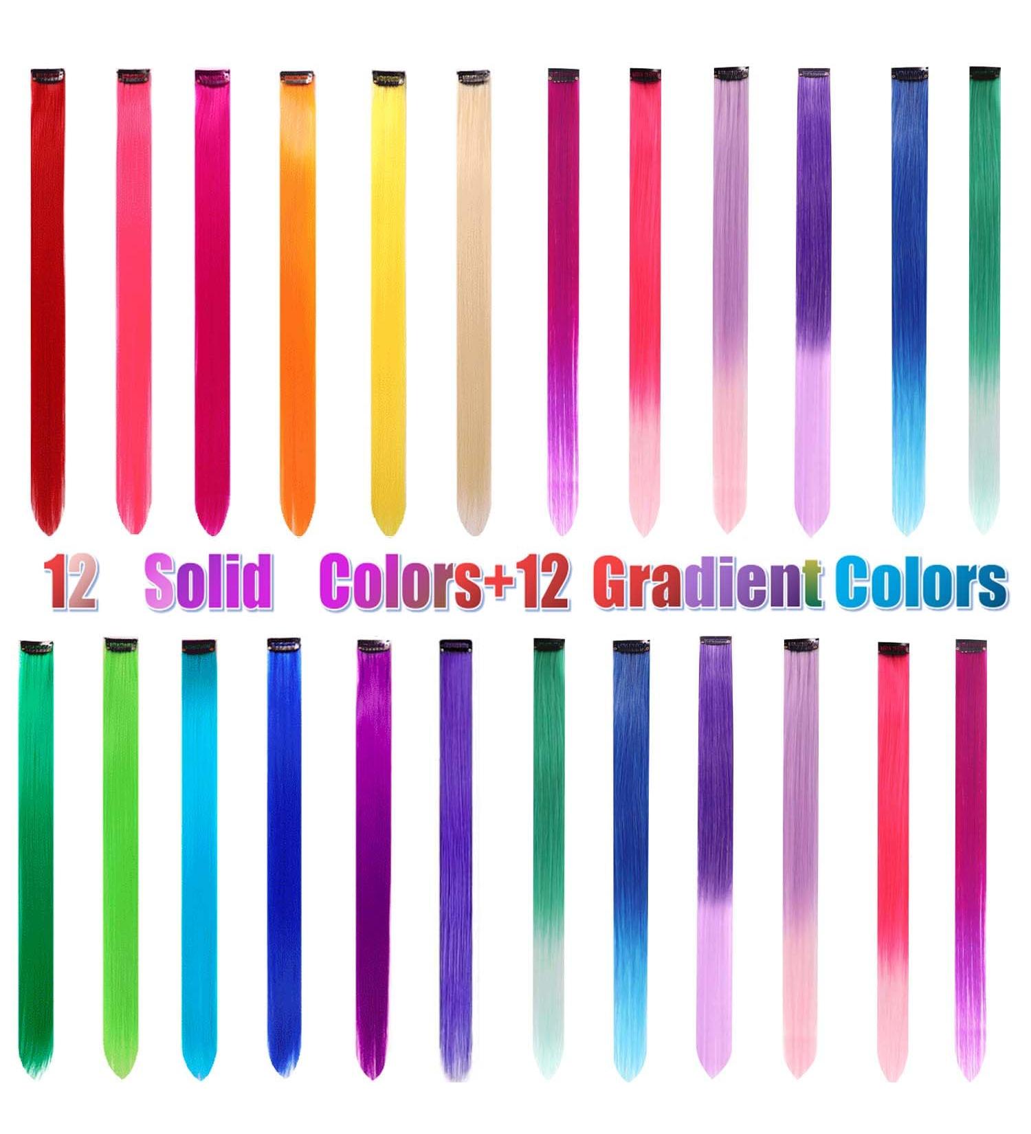 24 Pcs Colored Hair Extensions Colorful Clip in Hair Extensions 22 inch Synthetic Straight Hair Extensions for Kids Girls Women A 24Pcs - Solid color + Gradient color - Buy Online on SooperMarket.com