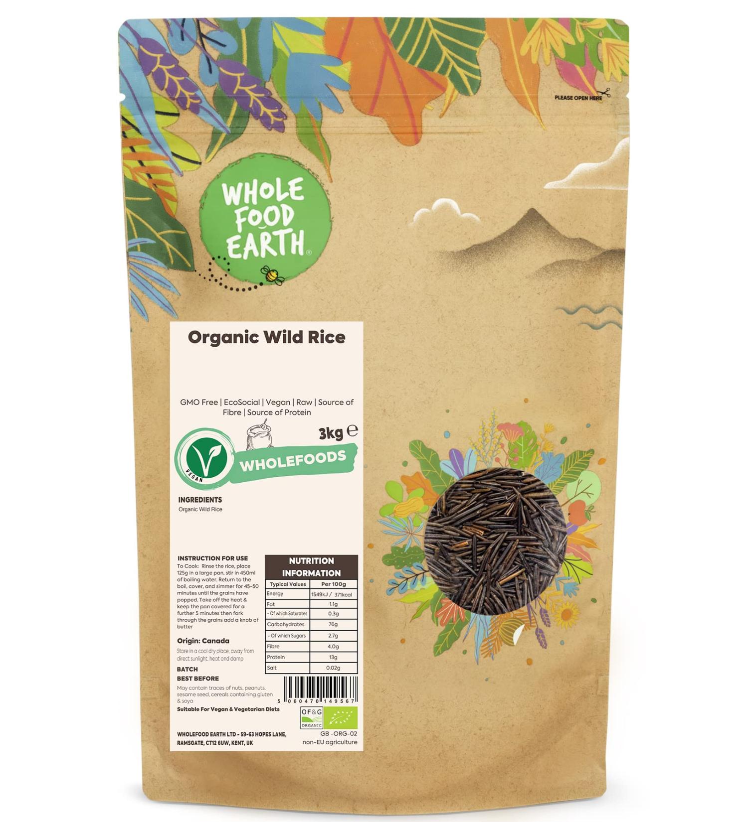 Wholefood Earth Organic Wild Rice 3kg - GMO Free, EcoSocial, Vegan - Raw, Fiber & Protein Rich - Buy Online on SooperMarket.com