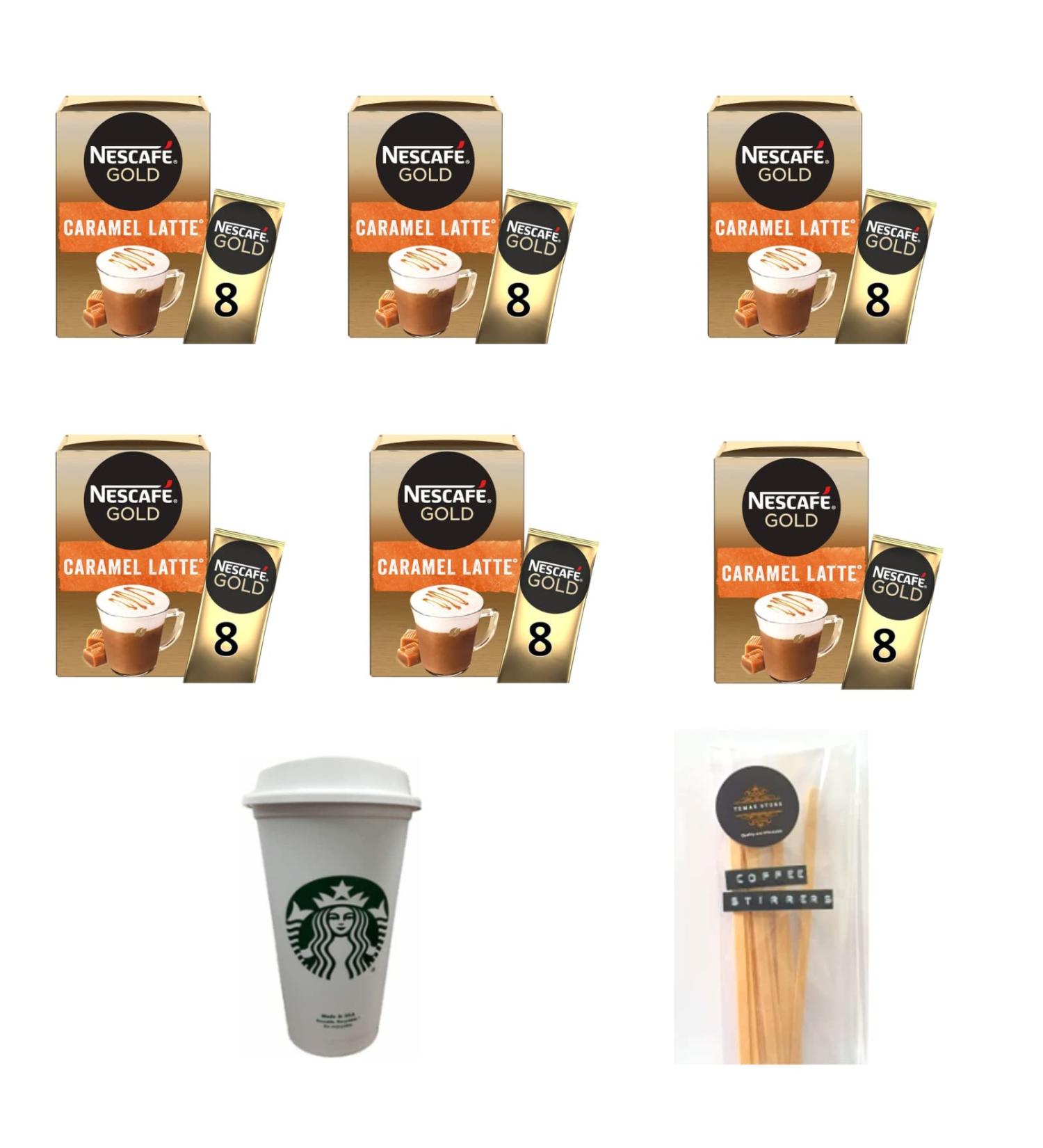 Nescafe Gold Instant Coffee Sachets Contains 48 Caramel Latte Sachets Bundled With 48 x Temas Store Coffee Stirrers & 1 x Reusable Coffee Cup| Coffee Gift Set | Coffee Sachets Individually Wrapped - Buy Online on SooperMarket.com