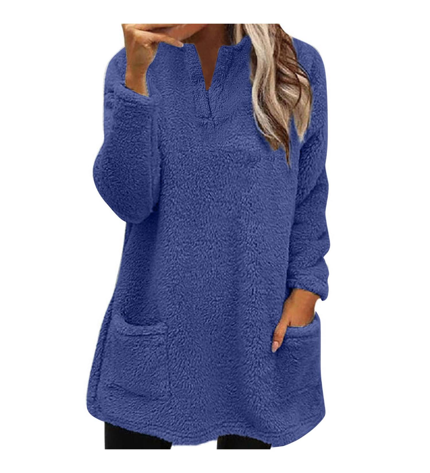 AMhomely Women's Double Fleece Hooded Jumper - Plus Size Soft Teddy Fleece Casual Hoodie with Pocket, V Neck Sweatshirt - Winter Lounge Wear - Dark Blue, Size M - Buy Online on SooperMarket.com