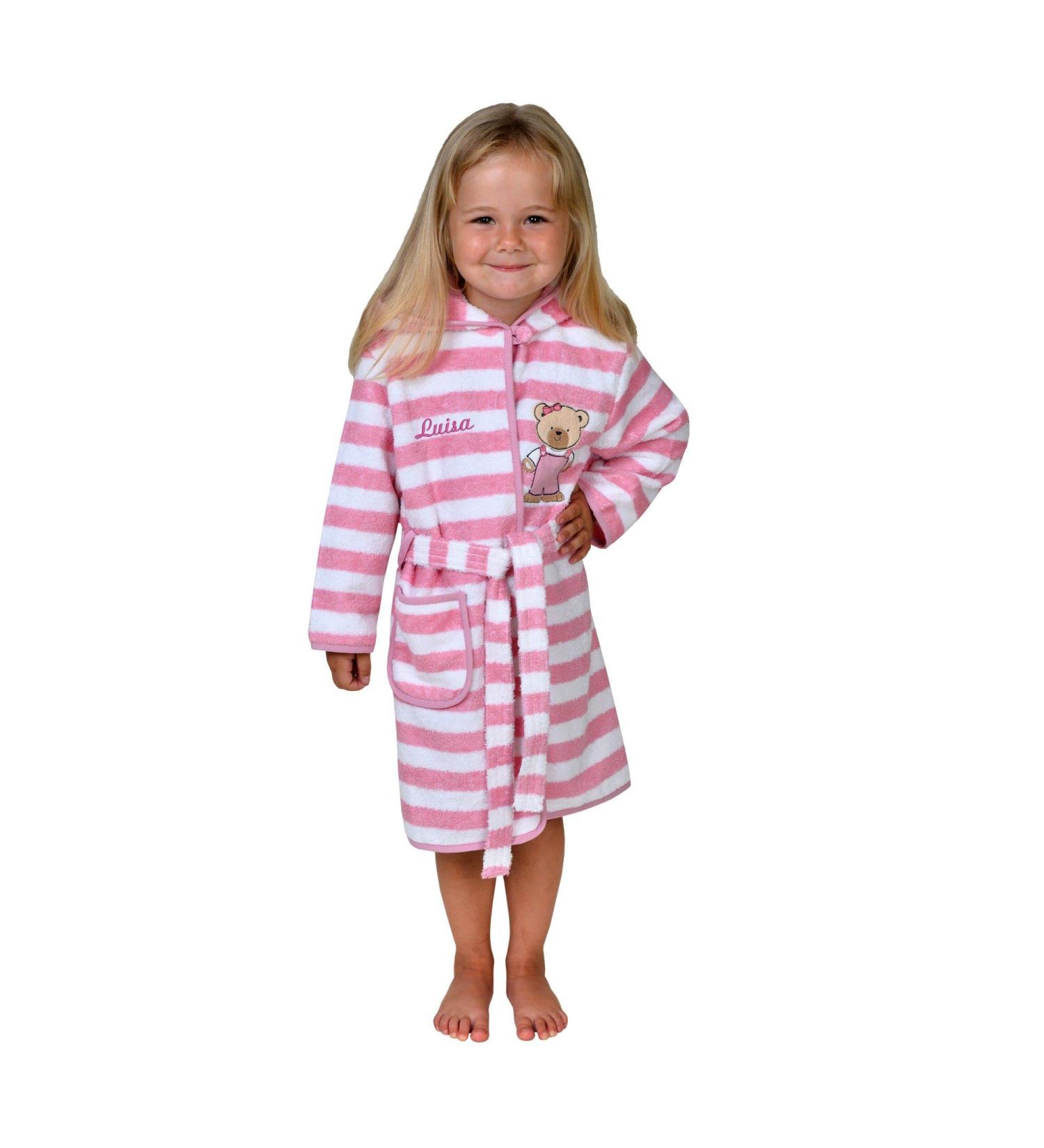 Wolimbo 100% Cotton Baby Bathrobe - Personalized Embroidered Children's Bathrobe with Pink Ringed Bear Design - International Shipping Available - Buy Online on SooperMarket.com