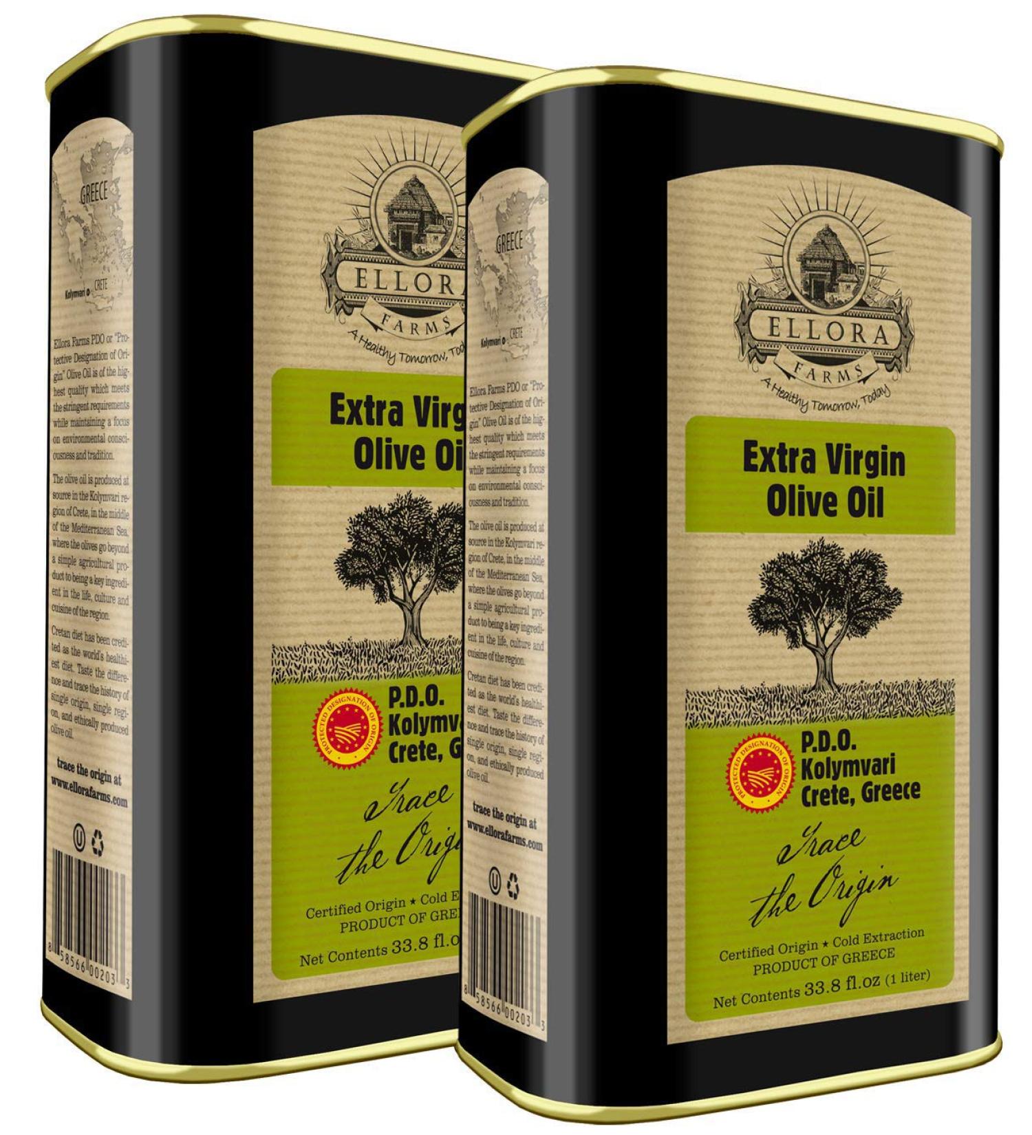 Ellora Farms  Global Gold Award Winner  Single Origin & Estate Traceable Extra Virgin Olive Oil  First-Cold Pressed  Certified PDO  Harvested in Crete  Greece  Kosher OU  1 Lt (33.8 oz.) Tins  Pack of 2 33.8 Fl Oz (Pack of - Buy Online on SooperMarket.com