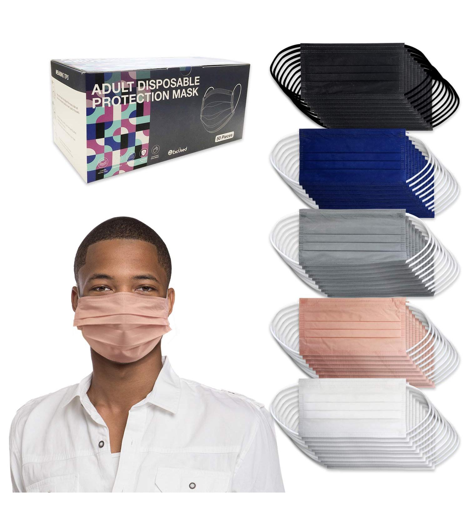 50-Piece Adult Disposable Face Masks - Soft 3-Ply Bulk Pack for Home, Office, School & Outdoors - Elastic Ear Loops - Single Use, Effective, Assorted Solid Colors - Buy Online on SooperMarket.com