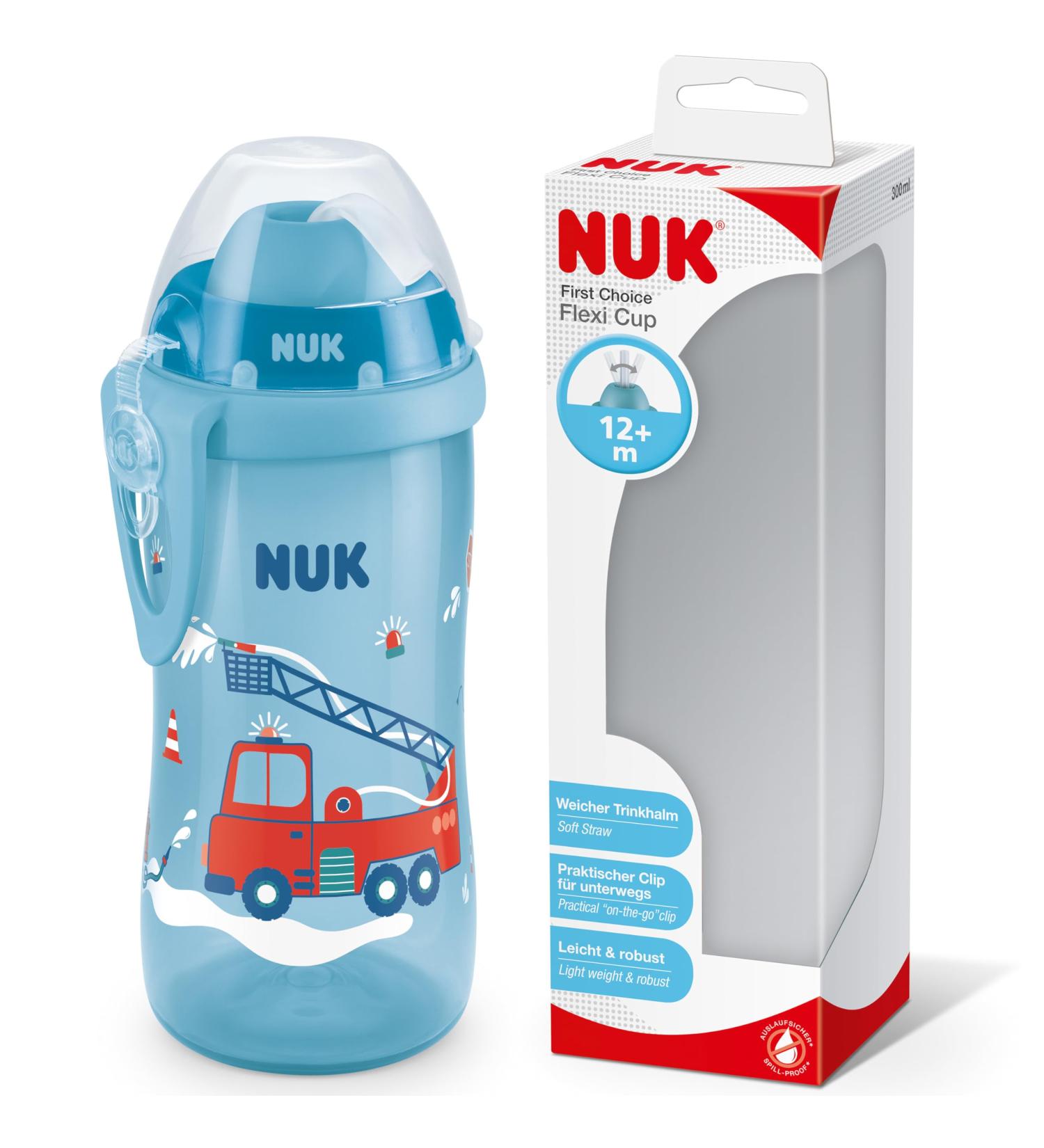 Nuk First Choice+ Flexi Cup - BPA-Free 300ml Drinking Bottle for Kids Fire Engine Design 12 Months+ Leak-Proof Straw & Cap - Buy Online on SooperMarket.com