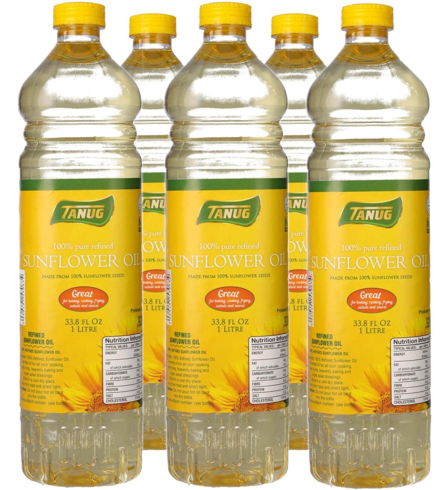 Tanug Sunflower Oil 1L (Pack of 5) | 100% Pure Refined Sunflower Oil Great for Cooking Baking Frying Salads & Sauces - Buy Online on SooperMarket.com