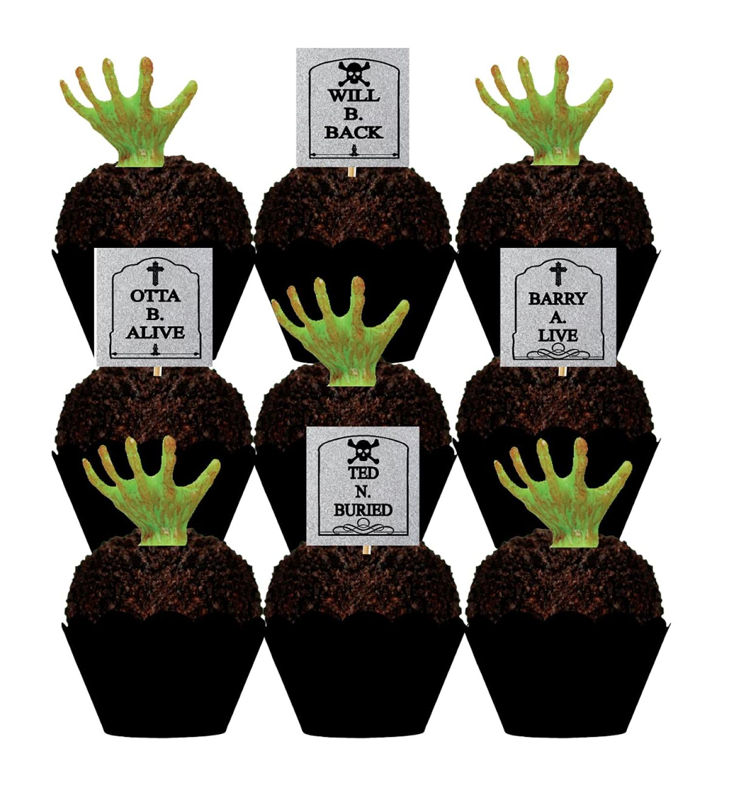 Spooky Halloween Tombstones & Grabbing Hands Cupcake Toppers - 12 Pack - Buy Online on SooperMarket.com