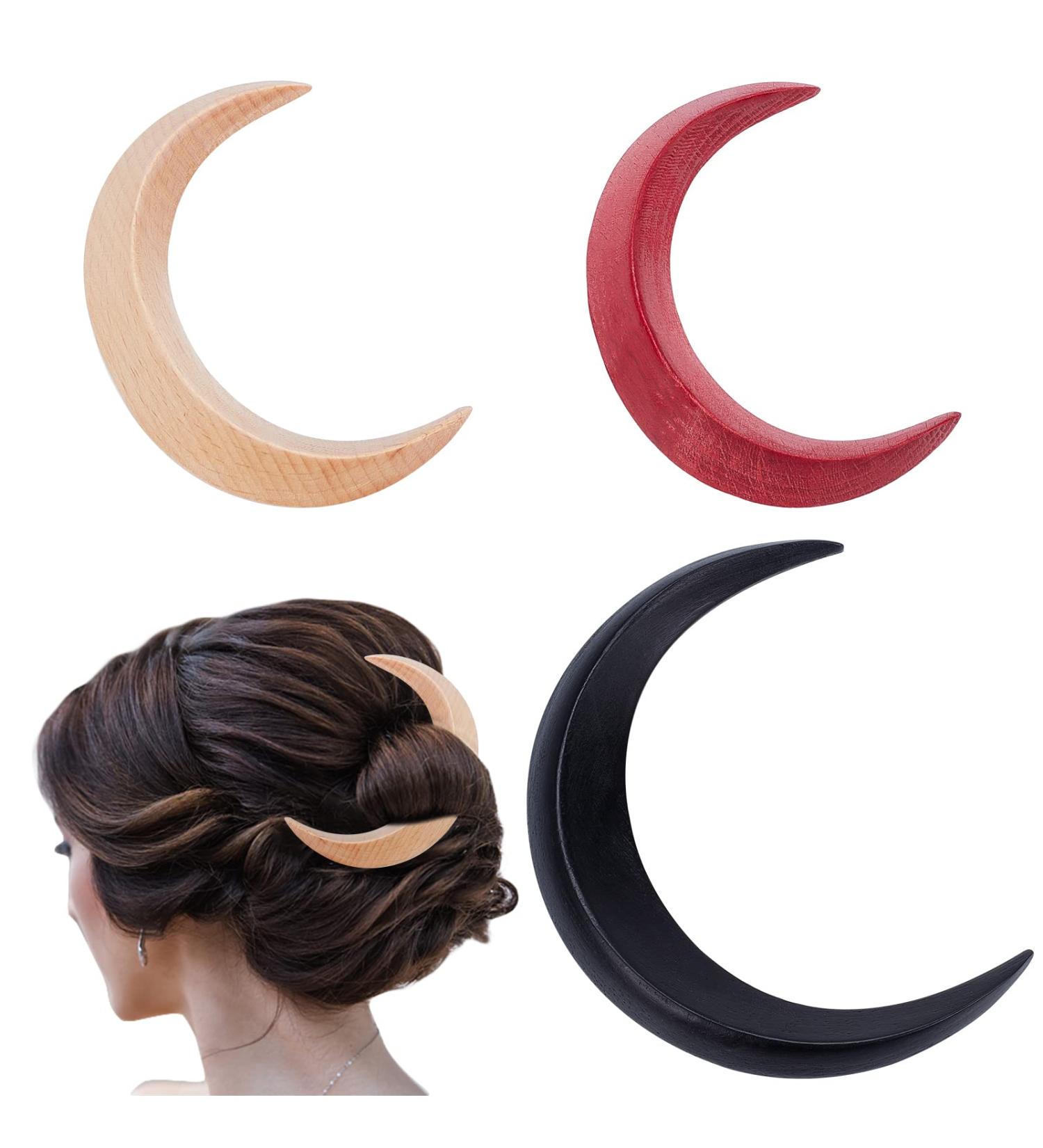 WEBEEDY 3-Color Hand Carved Crescent Moon Hair Fork for Women Wood Moon Hairpin Barrette Hair Stick Hair Comb Thick Hair Styling Accessories (Red Black Log Color) - Buy Online on SooperMarket.com