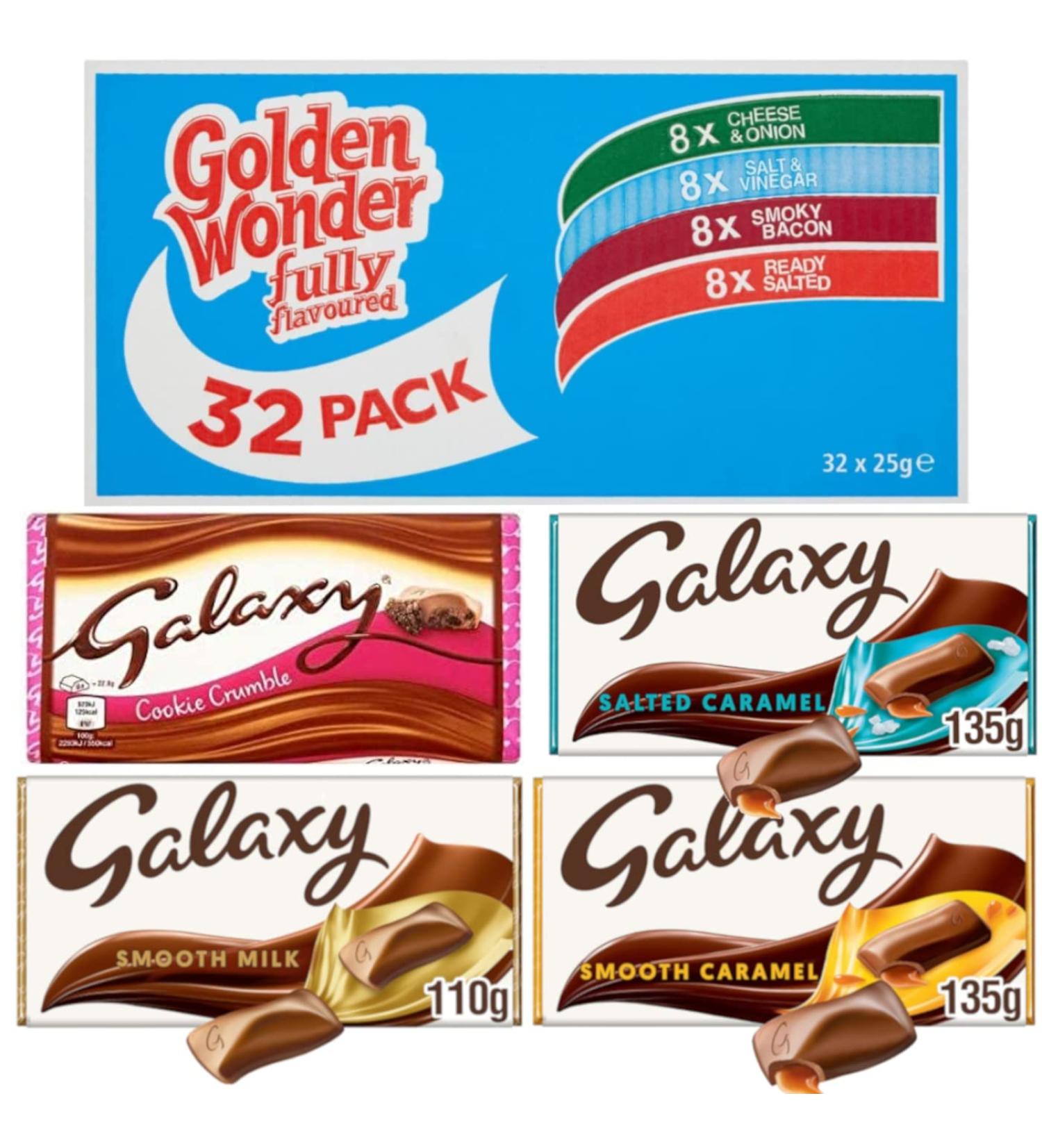 Golden Wonder Fully Flavoured Blue Box Cheese and Onion Salt and Vinegar Smoky Bacon Ready Salted 32pkx25g With 4 Galaxy Chocolate Bars - Buy Online on SooperMarket.com