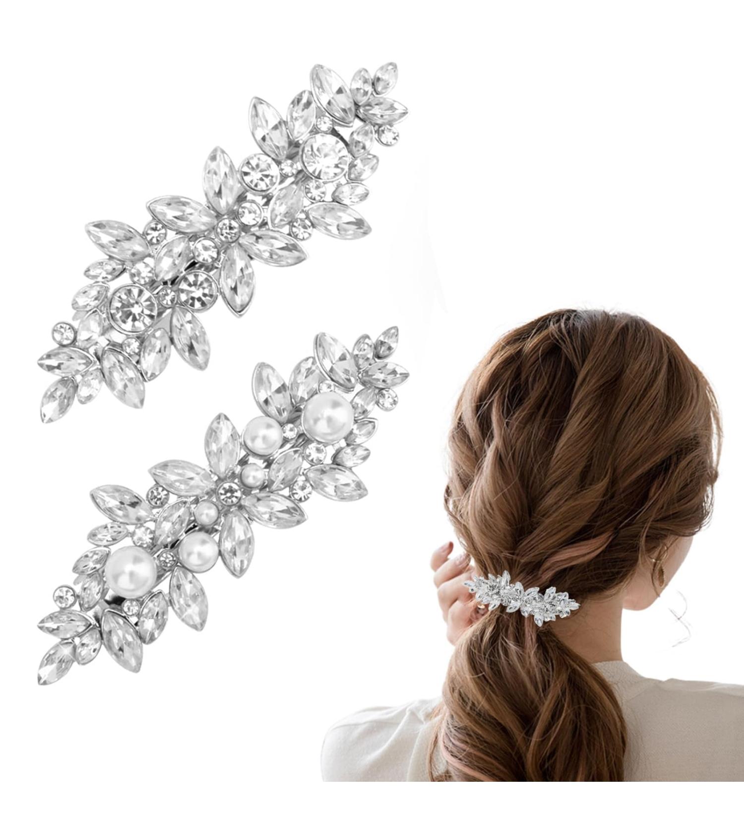 Crystal Pearl Rhinestone Barrette 2Pcs - Elegant Wedding Hair Accessories for Women - Buy Online on SooperMarket.com