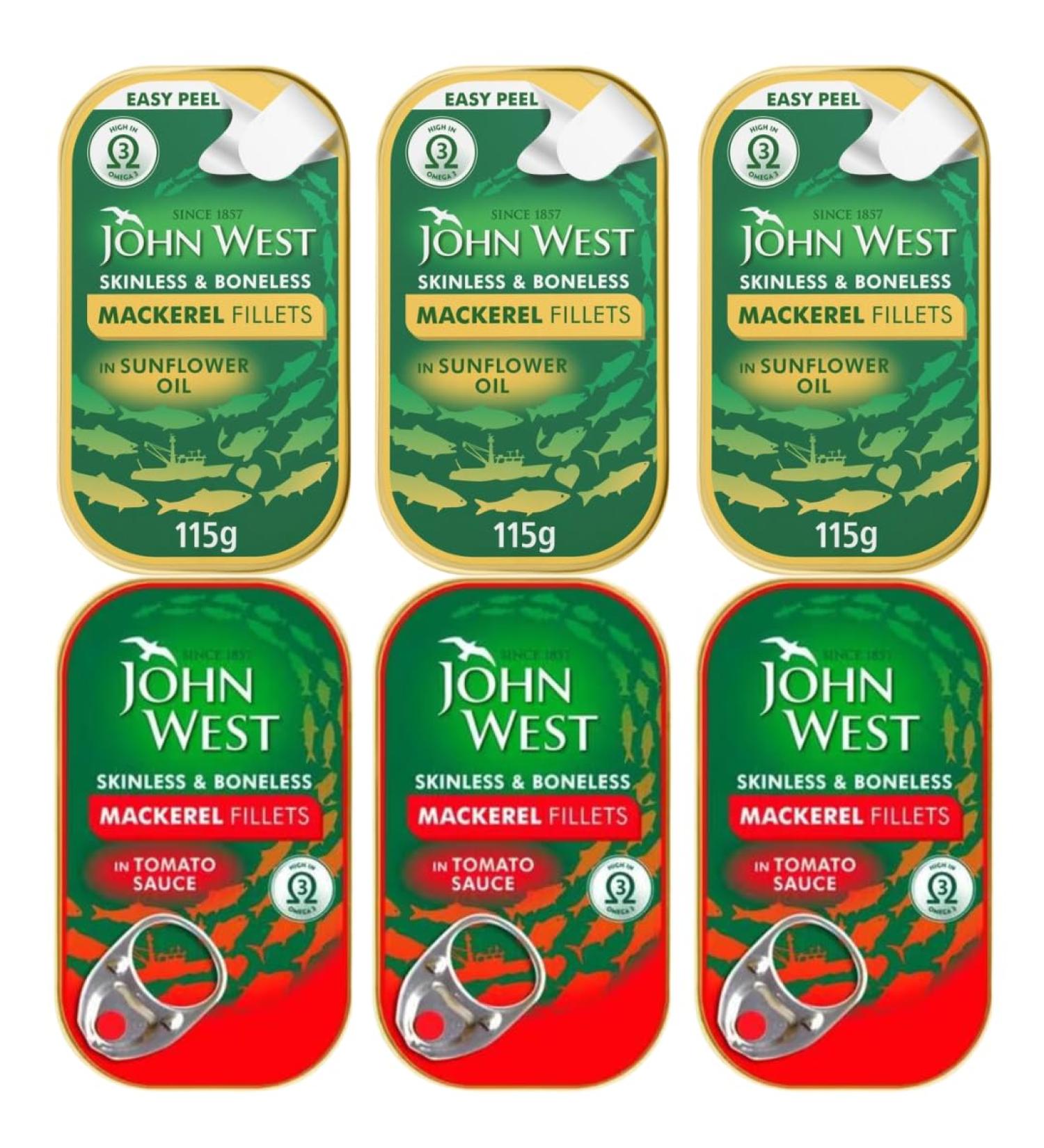 Tinned Mackerel Bundle With John West Mackerel Fillets In Sunflower Oil 115g x3 and Mackerel Fillets in Tomato Sauce 115g x3 (6 Pack) - Buy Online on SooperMarket.com