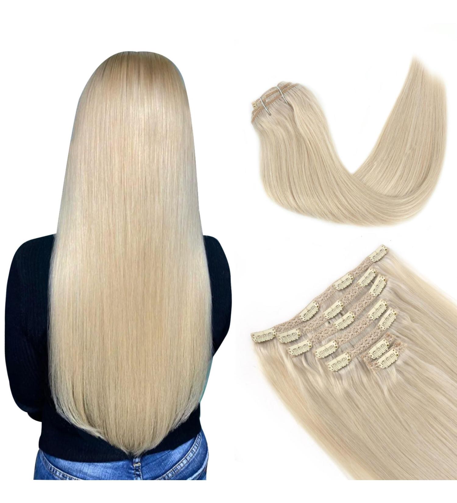 Vlasy Clip in Hair Extensions Human Hair 14 Inch Light Grey# - 7 Piece Seamless Thick Weft Real Hair Clips for Women -70g - Buy Online on SooperMarket.com