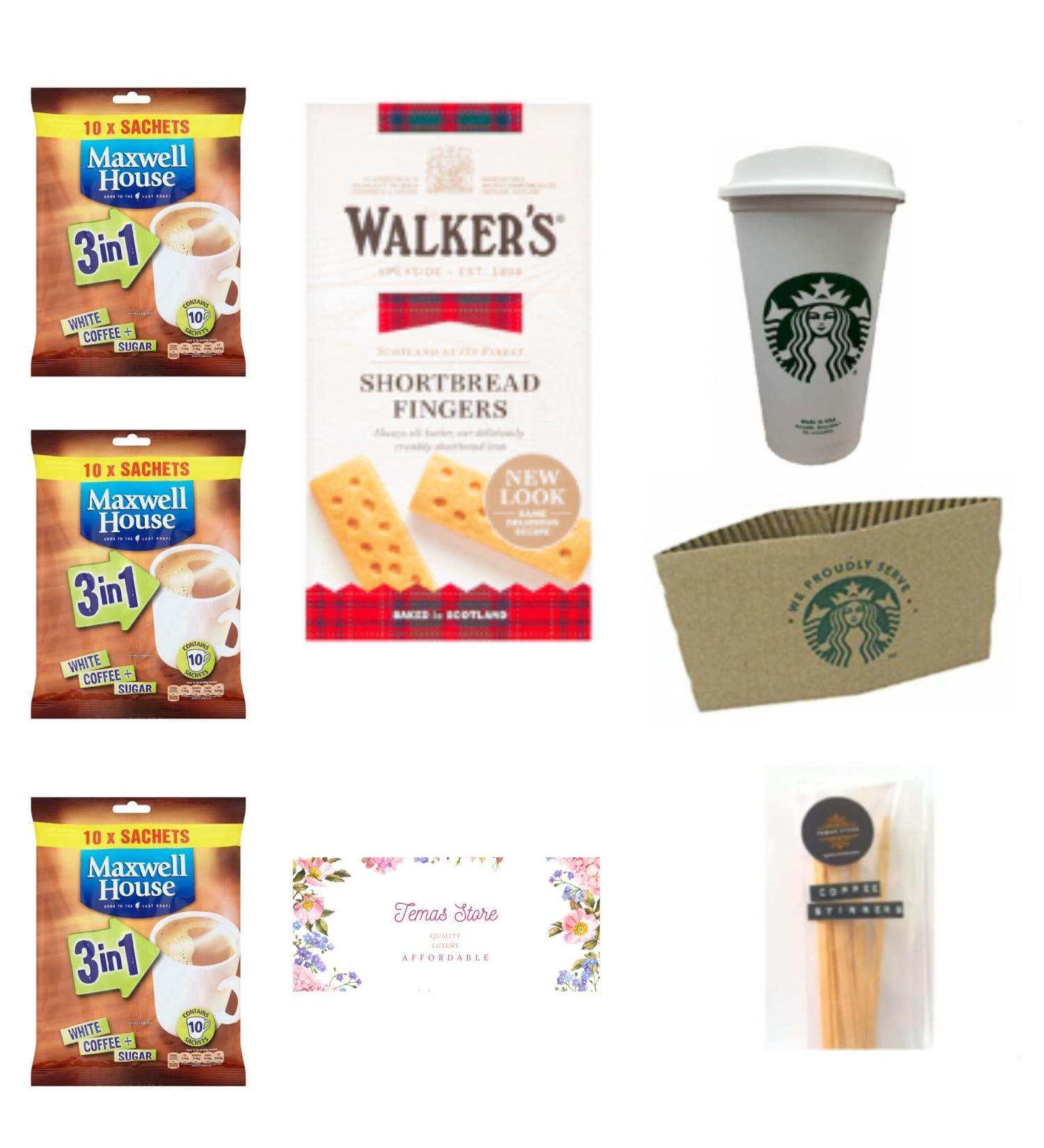 Maxwell House 3 in 1 Instant Coffee 10 Sachets Bundled With Walker s Shortbread Fingers Reusable Coffee Cup Hot Cup Sleeve & Coffee Stirrers | Coffee Sachets | Coffee Gifts For Men and Women - Buy Online on SooperMarket.com