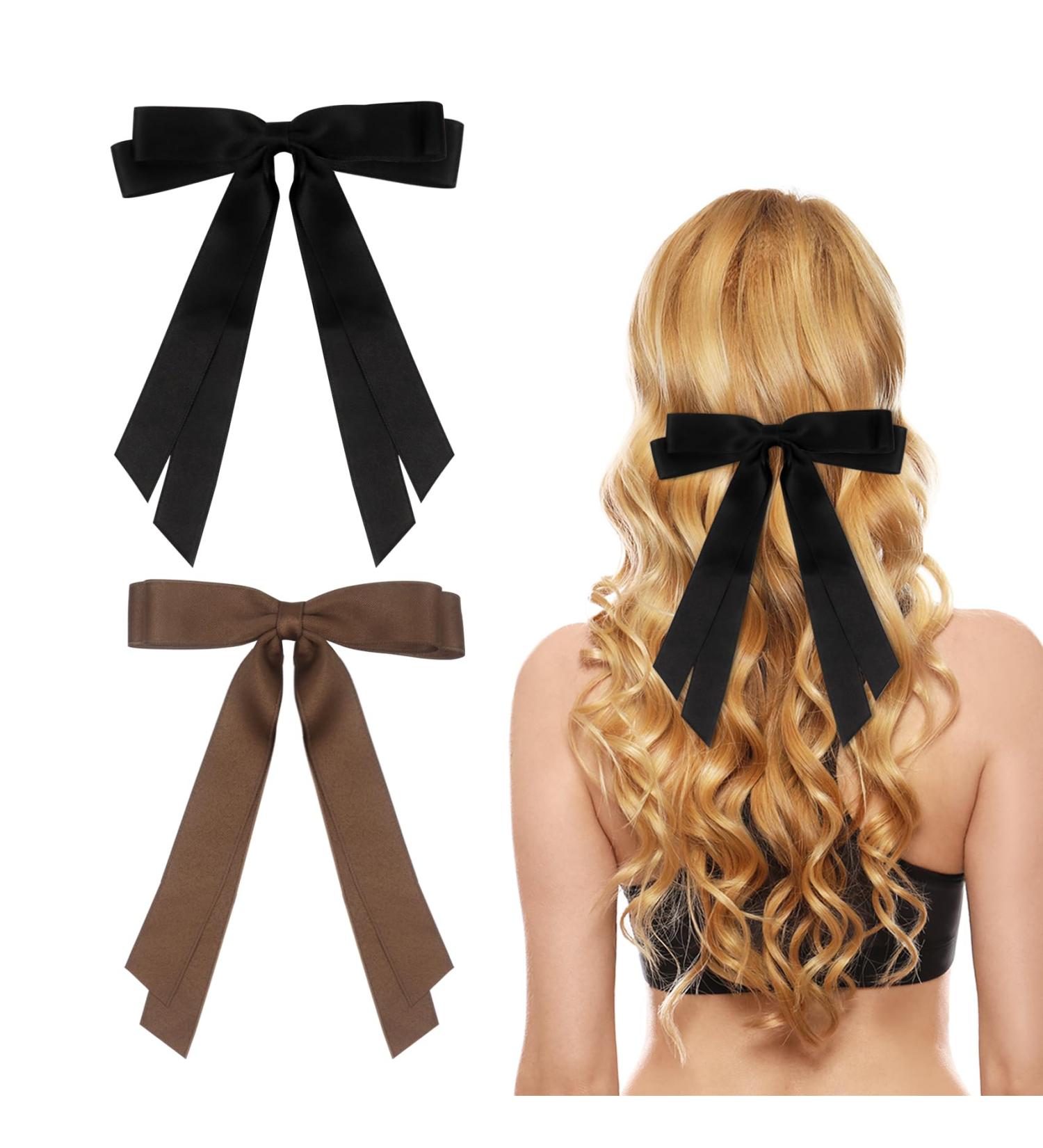 2 Pack Hair Bows for Women Black Bow Hair Clips French Barrette with Long Silky Satin Hair Ribbons for Women Girls(Black Brown) - Buy Online on SooperMarket.com