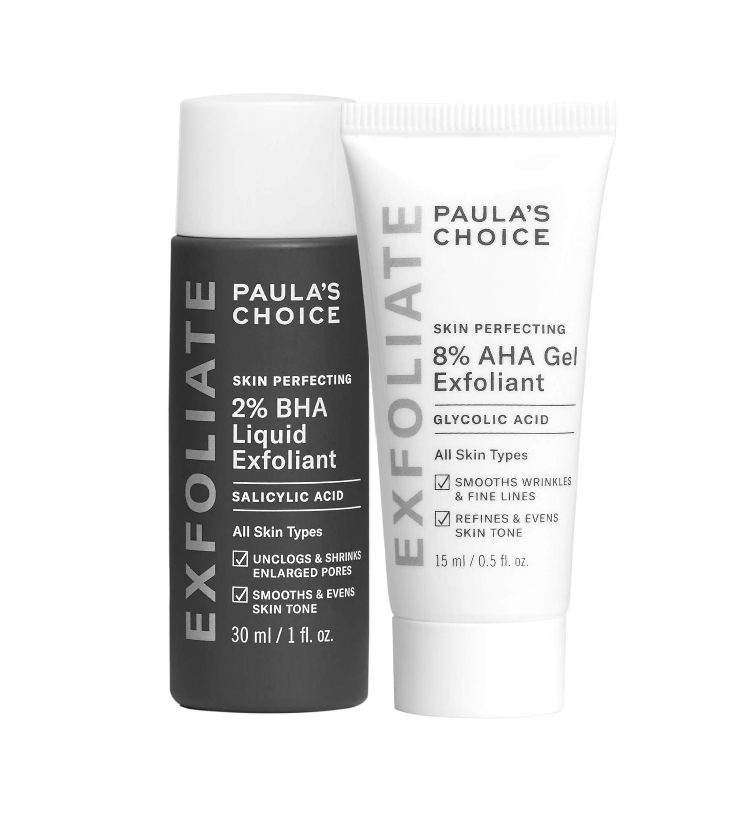 Paula's Choice 8% AHA Gel Exfoliant & 2% BHA Liquid Travel Duo - Facial Exfoliants for Blackheads & Wrinkles with Glycolic Acid & Salicylic Acid - Travel Size Face Exfoliators - Buy Online on SooperMarket.com