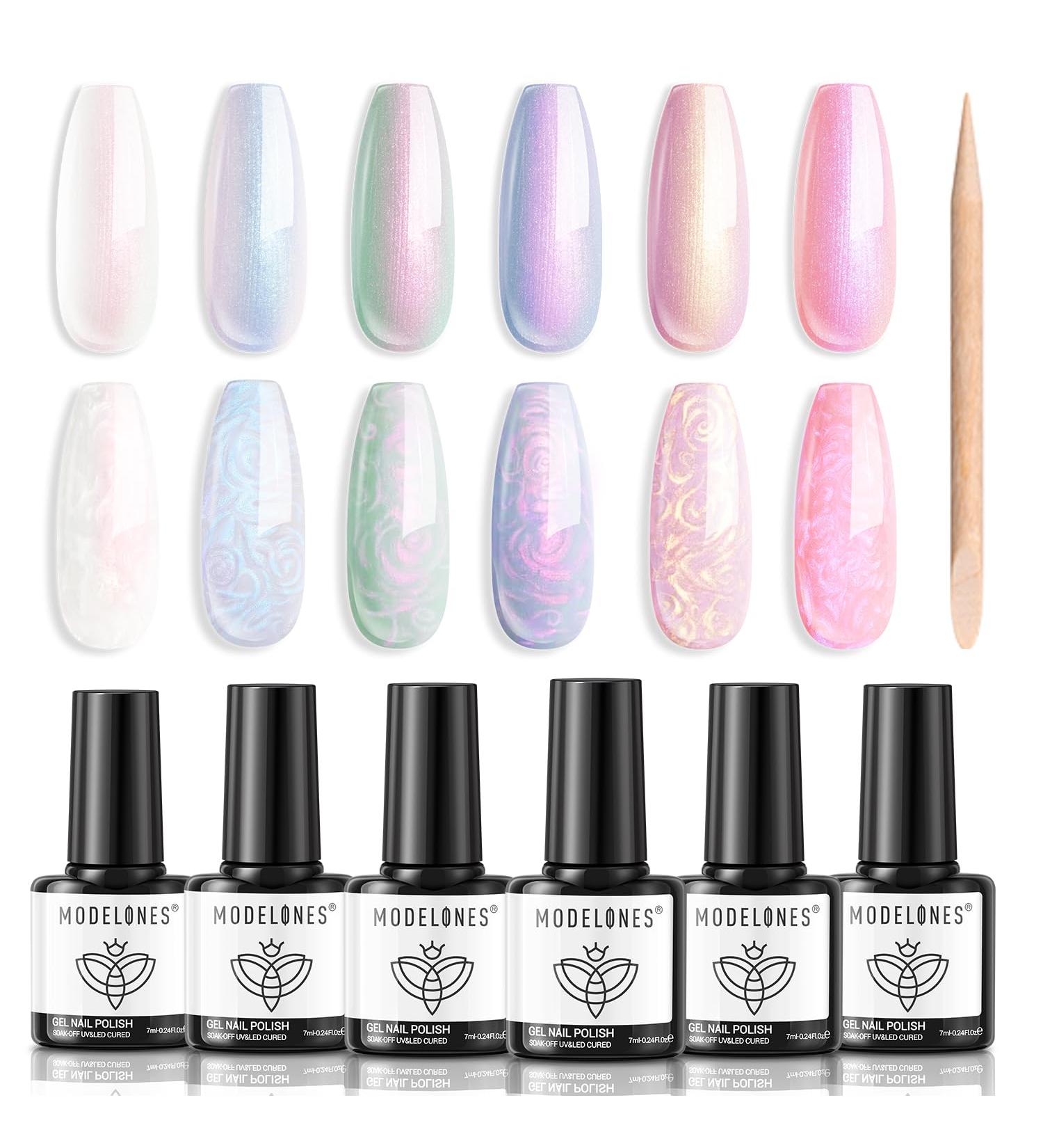 Modelones Pearl Gel Nail Polish Set - 6 Colors Aurora Iridescent Shimmer White Pink Purple | Mermaid Nail Drawing Gel Polish | Soak Off Spring Swirl Shell Thread Effect | DIY Manicure Gifts - Buy Online on SooperMarket.com