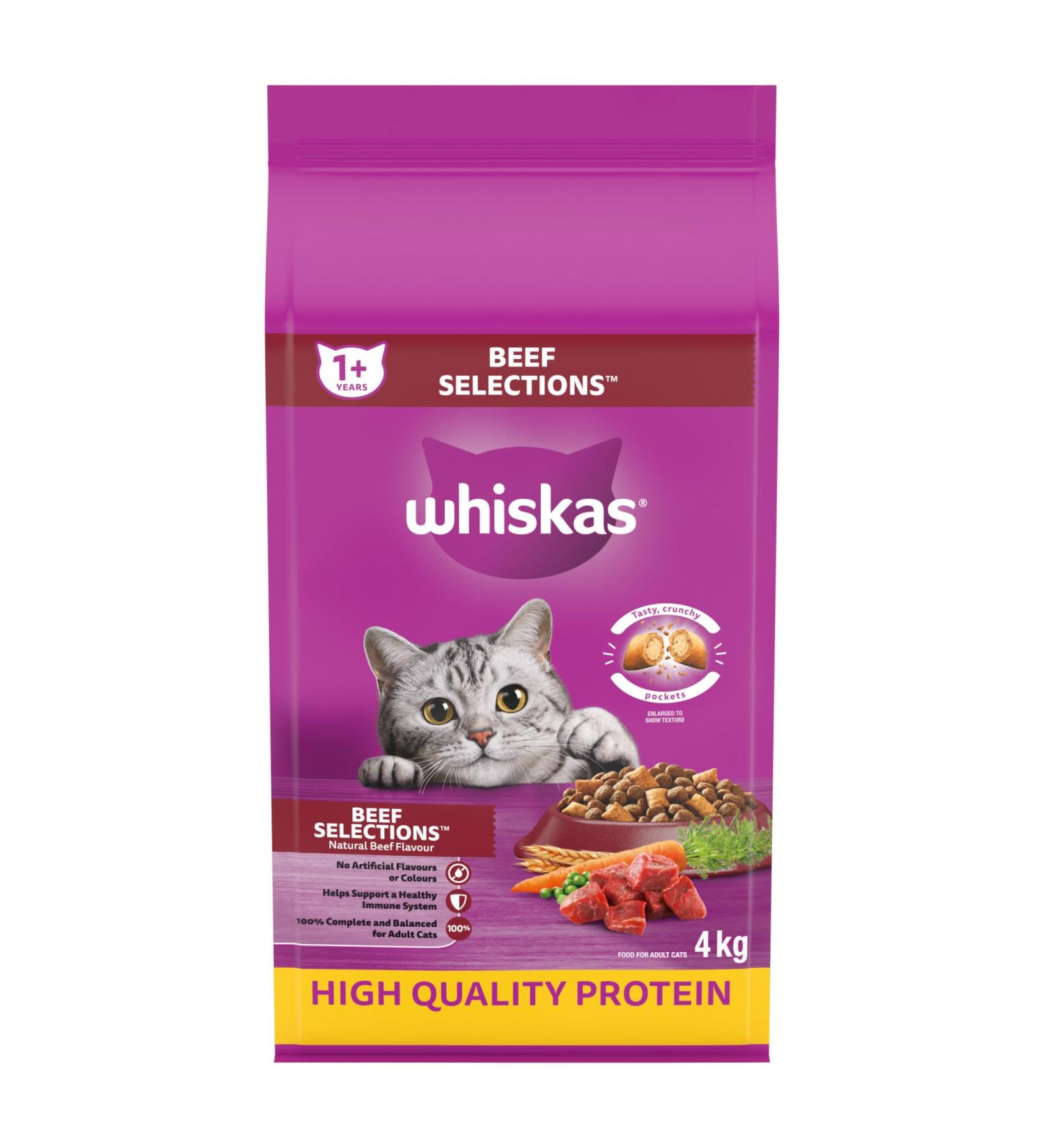 Whiskas Beef Selections Adult Dry Cat Food Natural Beef Flavour 4kg Bag - Buy Online on SooperMarket.com