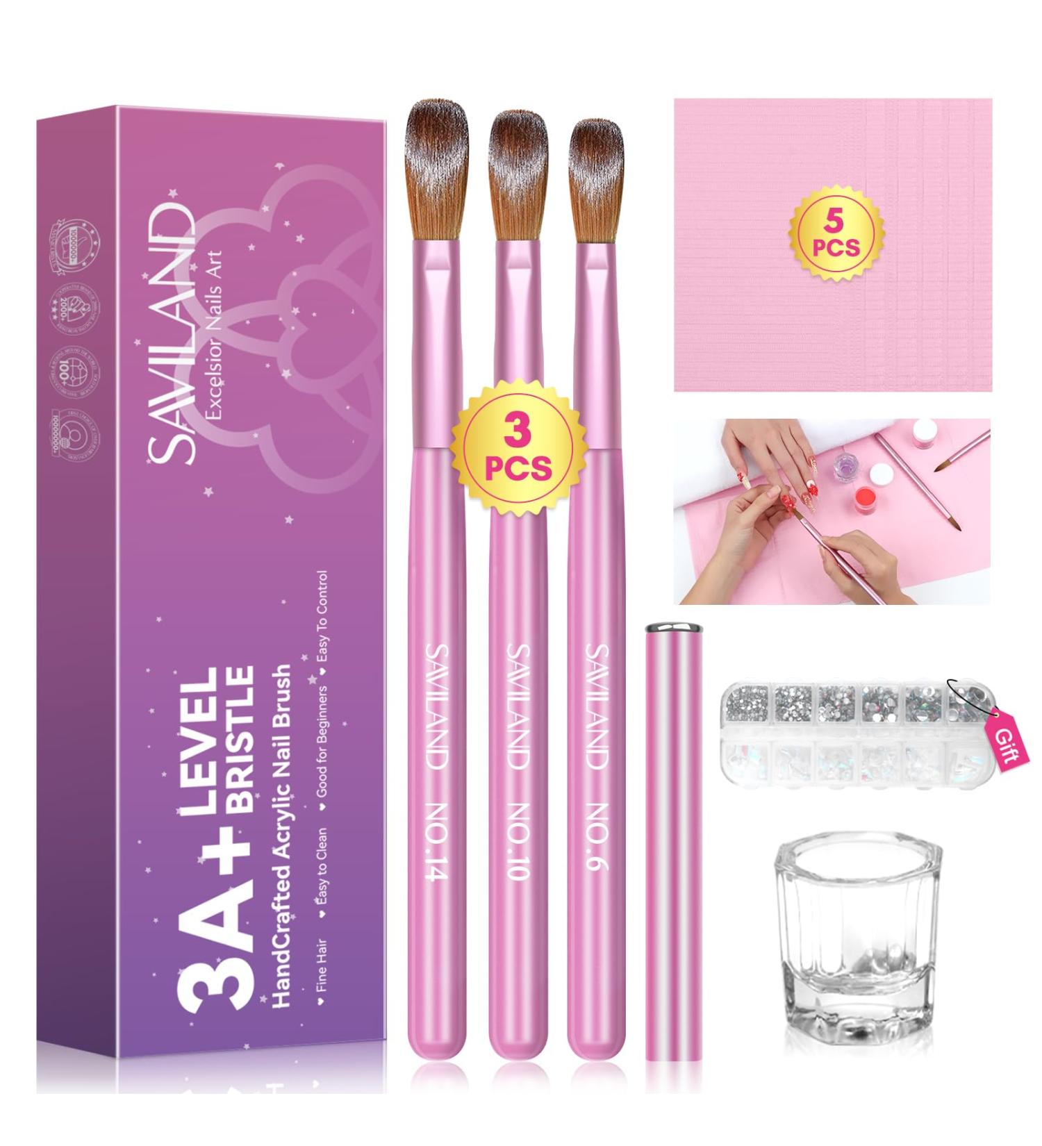 Saviland Acrylic Nail Brush Set for Beginners - 3PCS Size 14 10 6 with Pink Handle | Sturdy Kolinsky Hair for Acrylic Application & Nail Art - Buy Online on SooperMarket.com