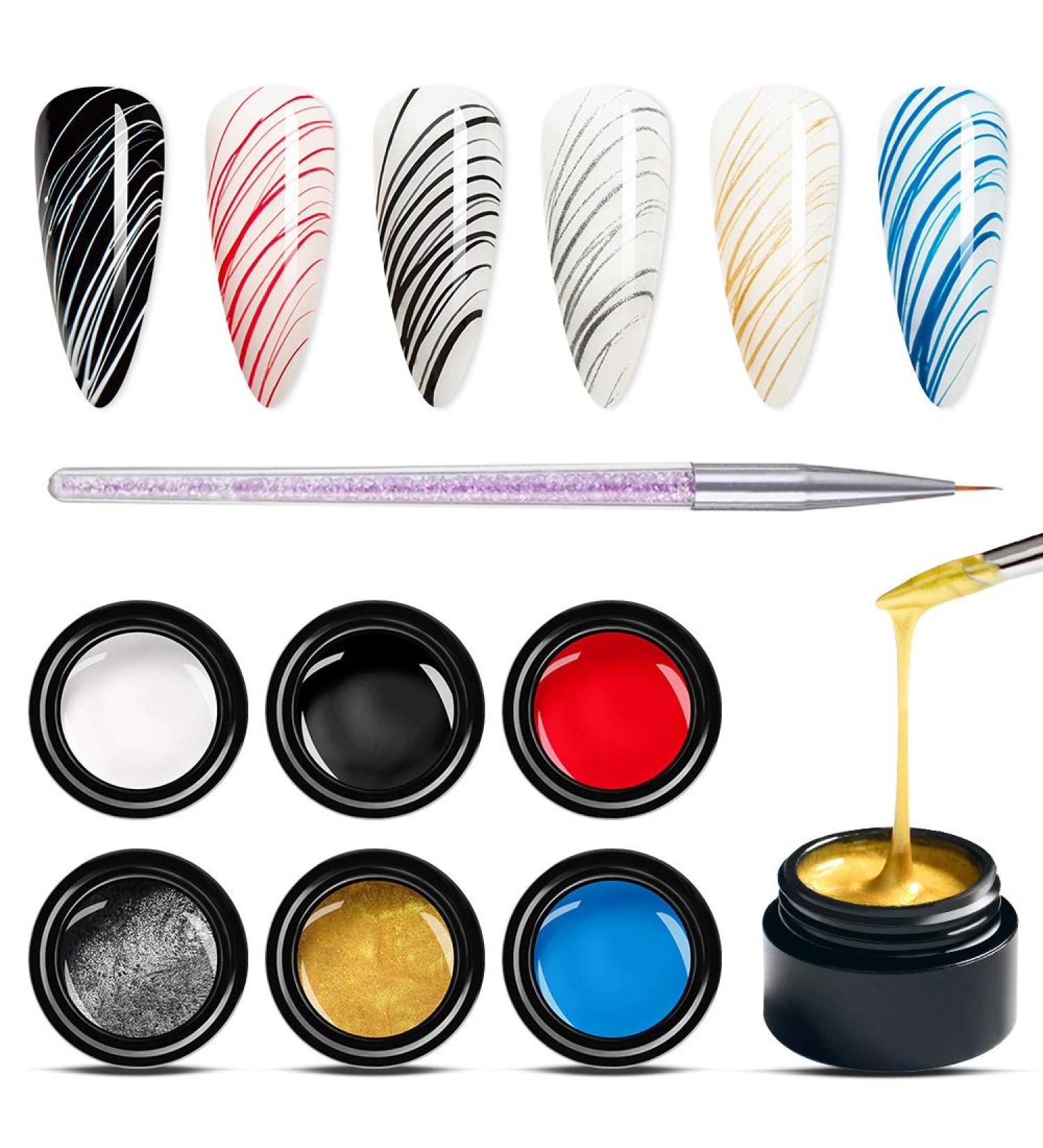 MEET ACROSS 6 Colors Spider Gel for Nail Art - Elastic Drawing Gel for UV LED Nails - DIY Manicure Kit with Brushes - Buy Online on SooperMarket.com