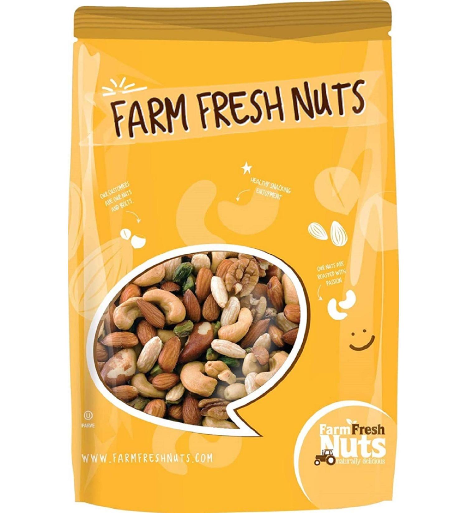 Farm Fresh Nuts Dry Roasted Deluxe Mixed Nuts with Himalayan Salt - 1lb Pack - Almonds, Brazil Nuts, Cashews, Pecans & Pistachios - Premium Quality Snack Mix - Buy Online on SooperMarket.com