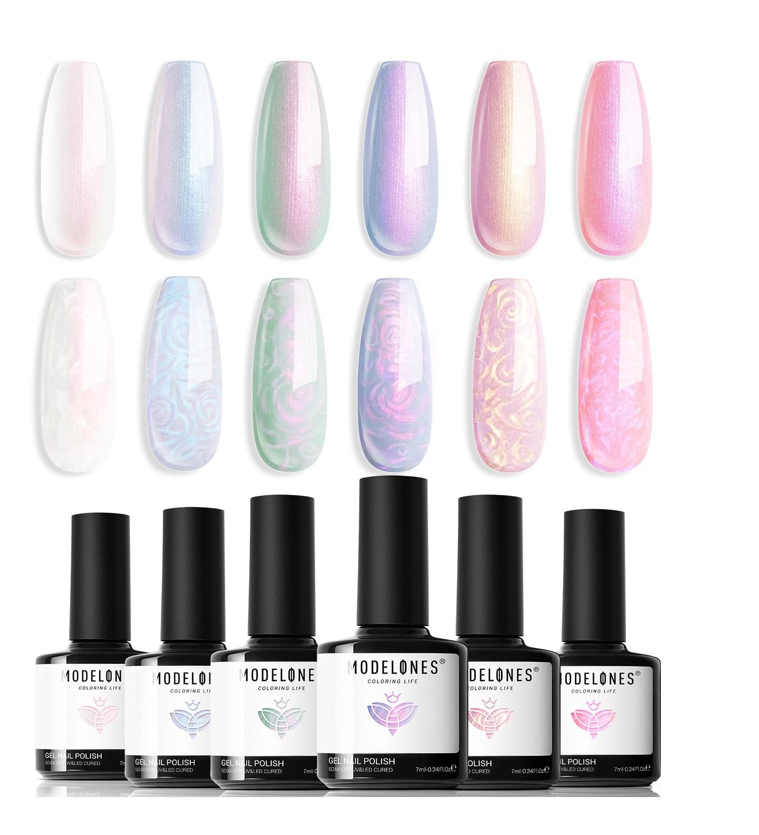 Modelones Pearl Gel Nail Polish 6 Colors Aurora Iridescent Shimmer White Pink Purple Mermaid Nail Drawing Gel Polish Soak Off UV Gel Led Spring Gel Polish Swirl Shell Thread Effect DIY Manicure Gifts - Buy Online on SooperMarket.com