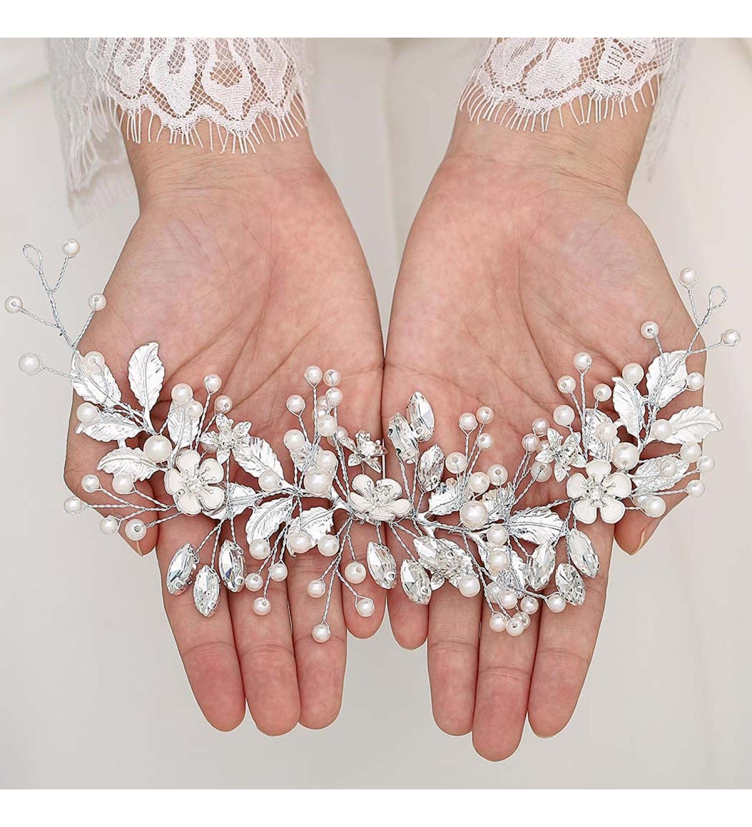 Handcess Bride Wedding Crystal Headband Silver Flower Pearl Headpiece Leaves Rhinestone Bridal Hair Accessories for Women and Girls (Silver) - Buy Online on SooperMarket.com