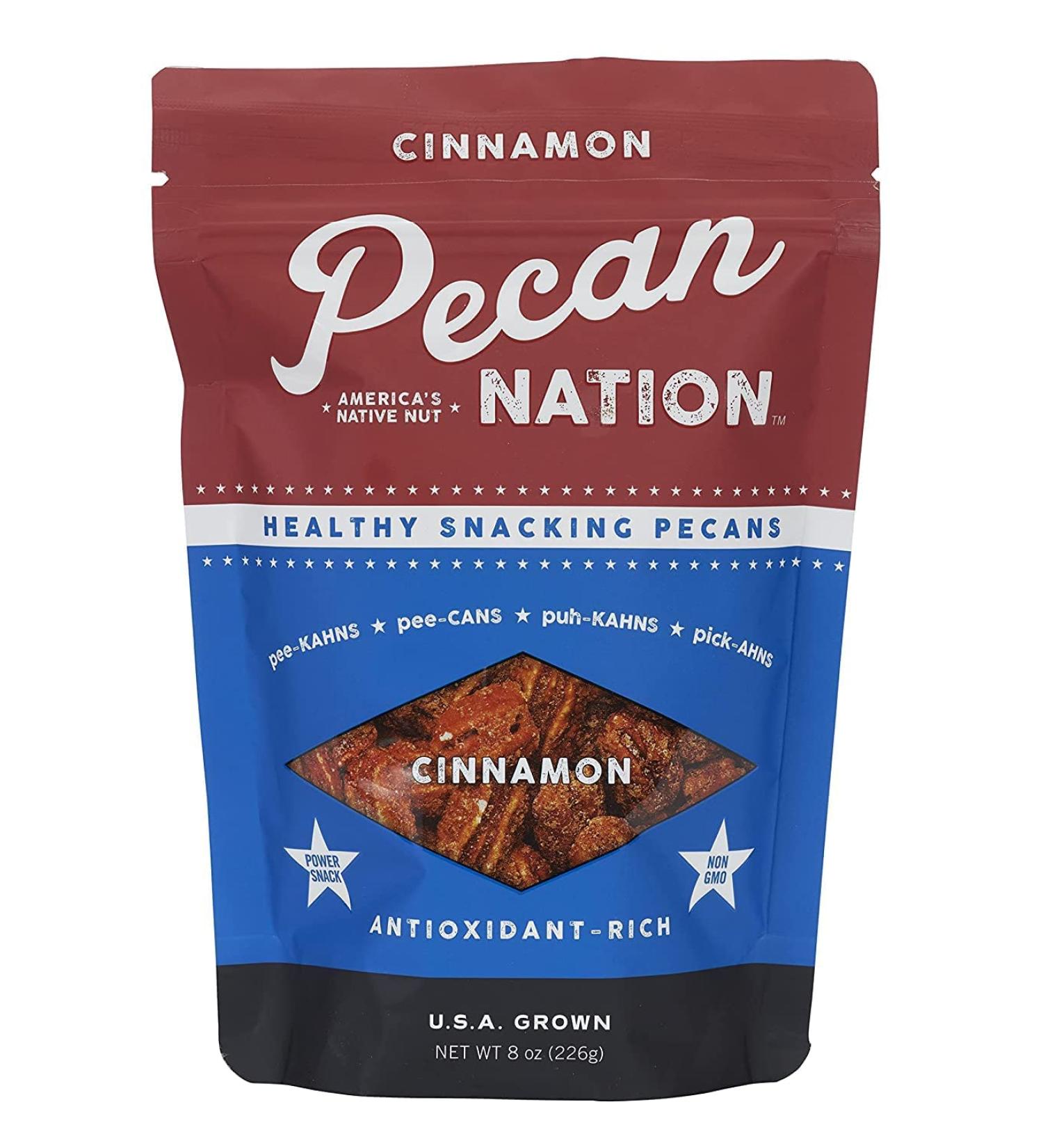 Pecan Nation Cinnamon Flavored Roasted Pecan Halves 8 oz - Natural Antioxidant-Rich Nut Snack, Non-GMO, Preservative-Free - 8 Ounce Pack - Buy Online on SooperMarket.com