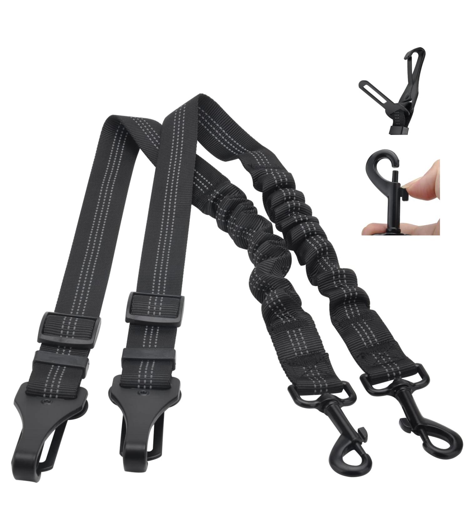 Adjustable Dog Seat Belt - 2-Piece 3-in-1 Reflective Bungee Car Harness for All Breeds | Universal Fit Buckle Hook (Black) - Buy Online on SooperMarket.com
