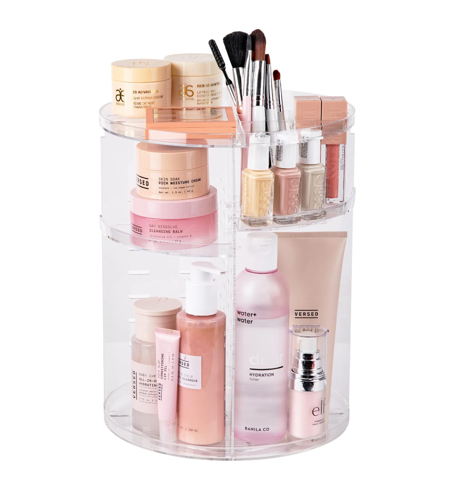 360 Rotating Makeup Organizer - Adjustable Height, Fully Rotatable - Ideal Cosmetic Storage for Bedroom Dresser or Vanity Countertop (Clear) - Buy Online on SooperMarket.com