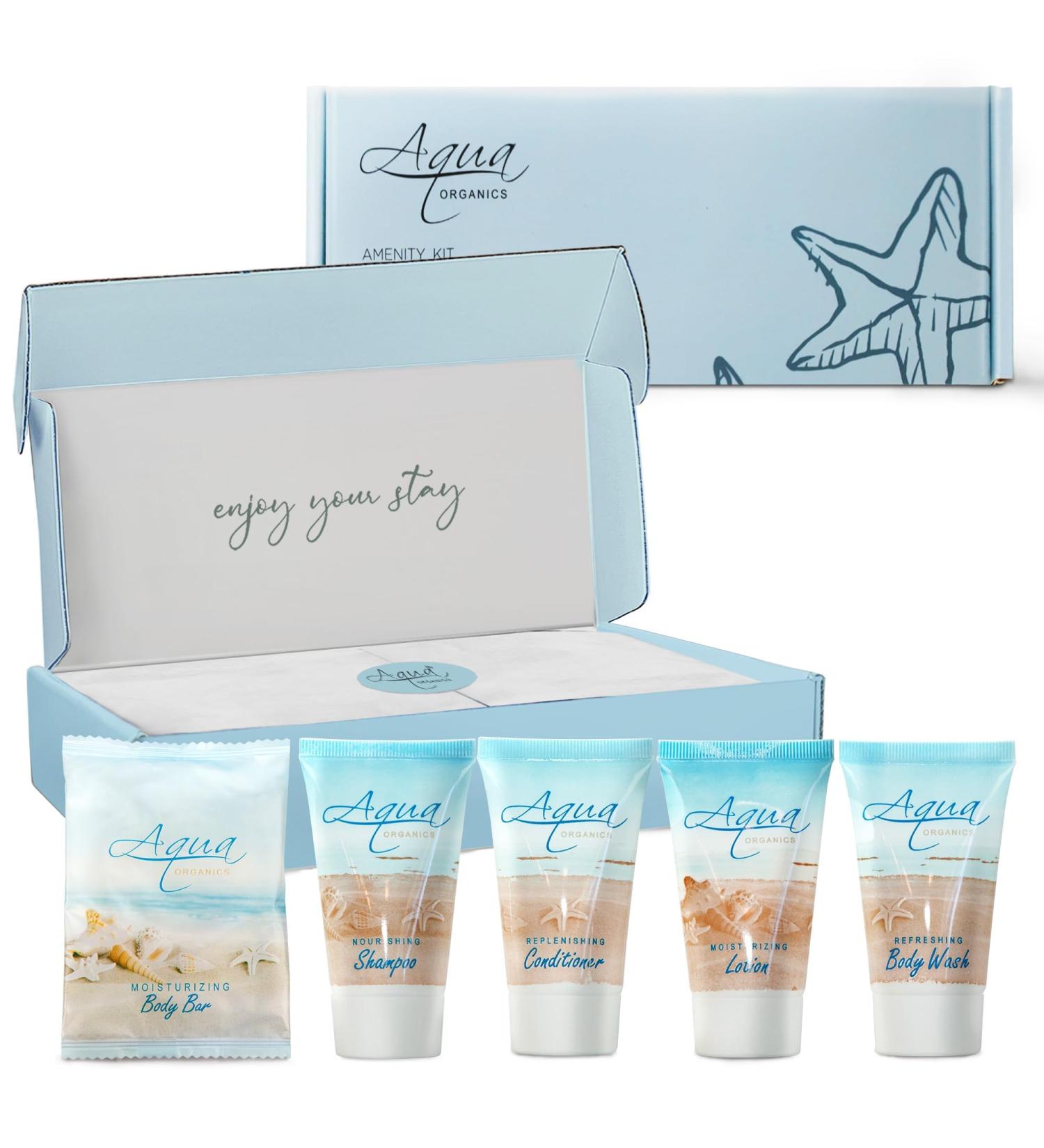 Shoppe All-In-Kit: Aqua Organics Hotel Toiletries Set | 1oz Travel Size Shampoo Conditioner Lotion Body Wash & Bar Soap | Ideal for Guest Hospitality AirBnB & Vacation Rentals | Bulk 5-Piece Pack - Buy Online on SooperMarket.com